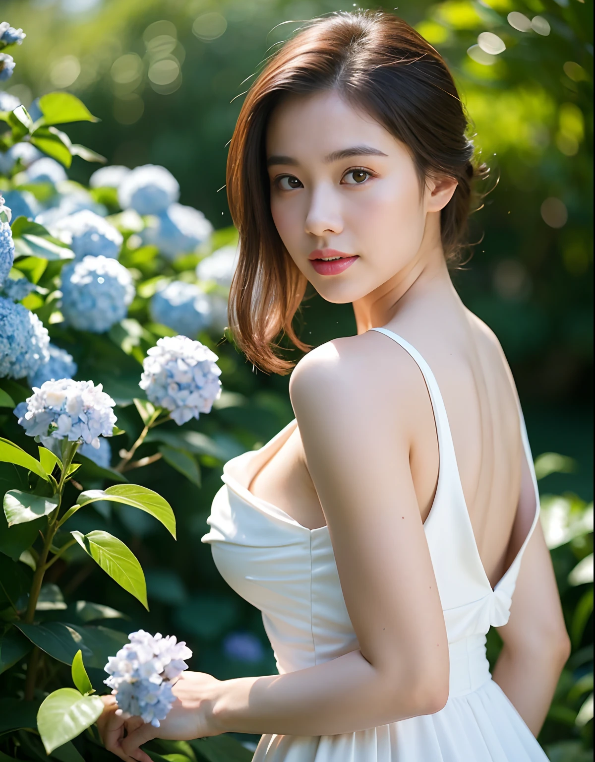 (Best quality, masterpiece: 1.2), portrait, breasts, outdoors, a 25-year-old woman named Yiping in the garden: 2, white thin summer long dress, light blue flowers in the background mess: 1.3) Same character, different costume, different angle, backlight: 1.5, rich skin details: 1.5,