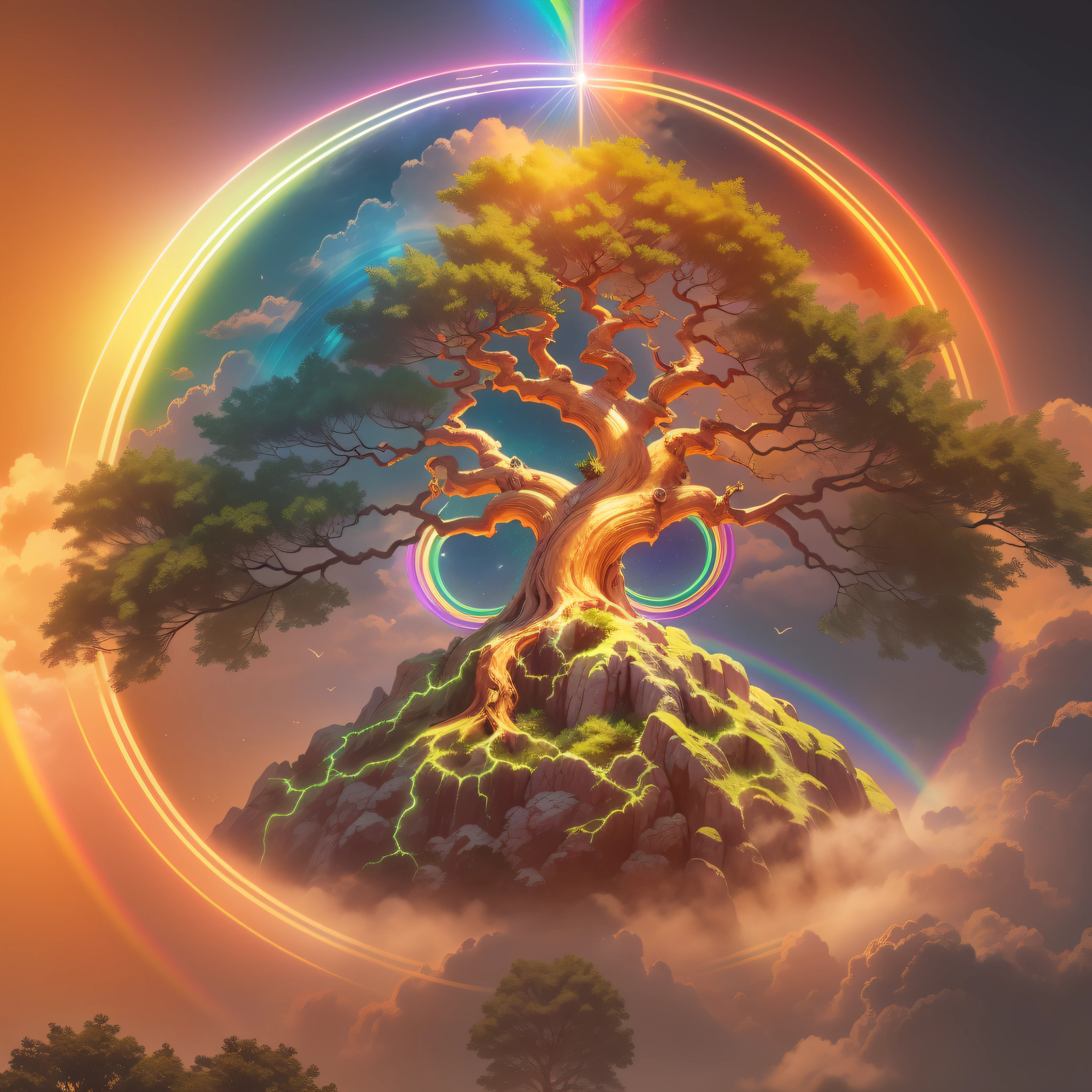 Árbol Bodhi, símbolo del budismo, iridiscente en colores del arco iris, con un aura dorada a su alrededor con una luz divina muy brillante descendiendo del cielo,  Imagen de alta definición, Alto detalle y estilo fotorrealista. Imagen con al menos 300 ppp, Ultra HD 8K