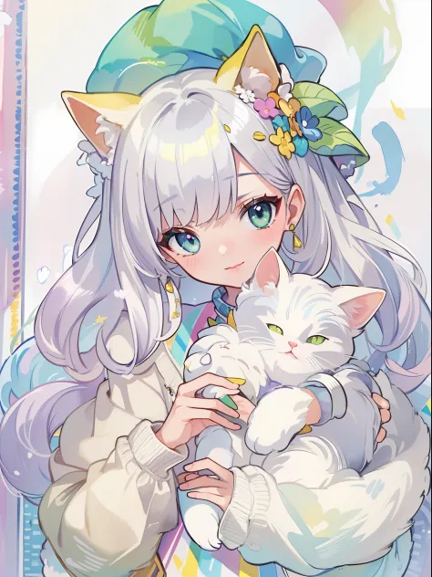 ((Best quality1.2))、((Masterpiece 1.2))、watercolor paiting、((Fashionable clothes))、((Take a cute cat 1.5))、white colors((rainbow-colored hair)),