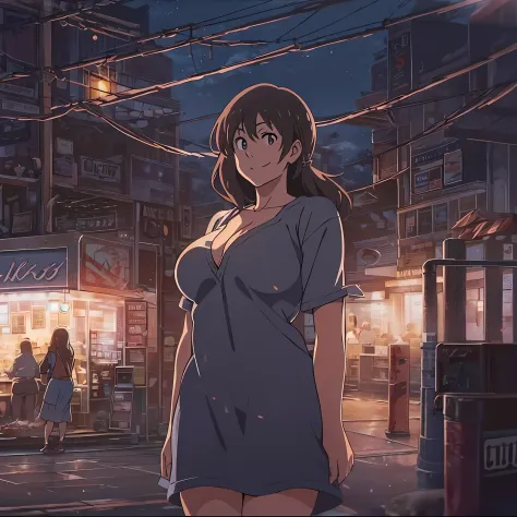big breasts, thick thighs, mature woman, long dark brown hair, smiling affectionately, in the style of Makoto Shinkai, in a shut down Wendy's at nighttime