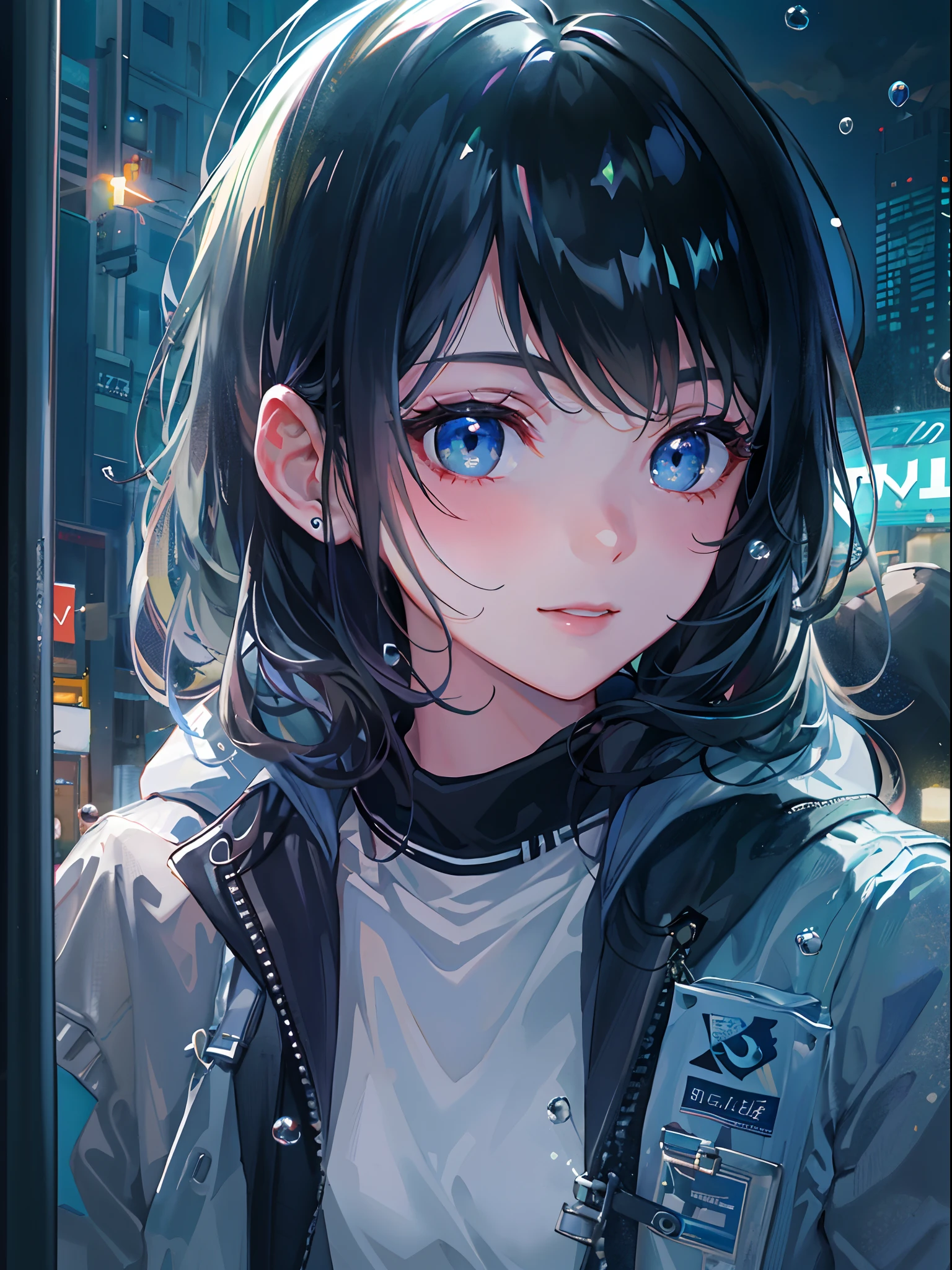 ((top-quality)), ((​masterpiece)), ((Ultra-detail)), (extremely delicate and beautiful), girl with, solo, cold attitude,((Black jacket)),She is very(relax)with  the(Settled down)Looks,A darK-haired, depth of fields,evil smile,Bubble, under the water, Air bubble,bright light blue eyes,Inner color with black hair and light blue tips,Cold background,Bob Hair - Linear Art, shortpants、knee high socks、Camisole inner shirt,White uniform