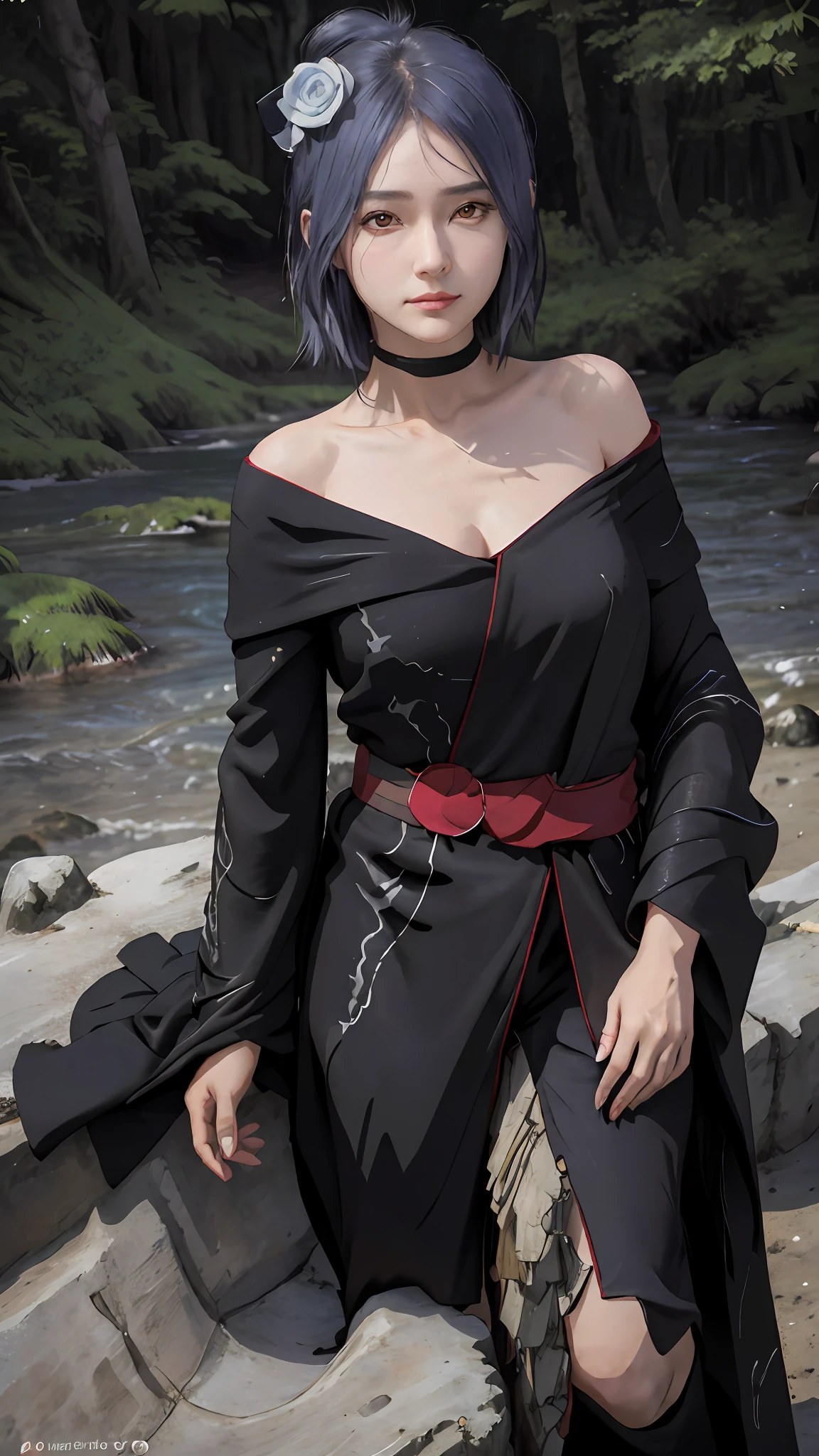 "tmasterpiece，Best Picture Quality，solo person，Off-the-shoulder clothing，staring right into camera，Reddening cheeks，ssmile，largeeyes，close lens，the ocean，sea beach，In the forest，Black robe，Akatsuki suit，Naruto，Xiaonan