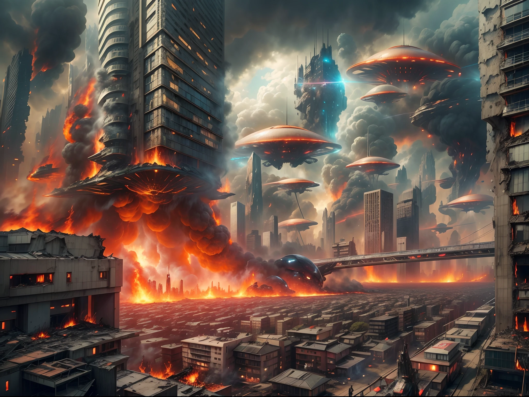 "An extraordinary image capturing a futuristic Tokyo under invasion by alien forces. the alien destroy the city by shooting laser to it, the alien ship shooting lazer beam to the city,  city and building was on fire, destroyed city, collapse d building and house, fire, burning street,fire, marvel style alien airship looms overhead, accompanied by a swarm of smaller alien vessels."