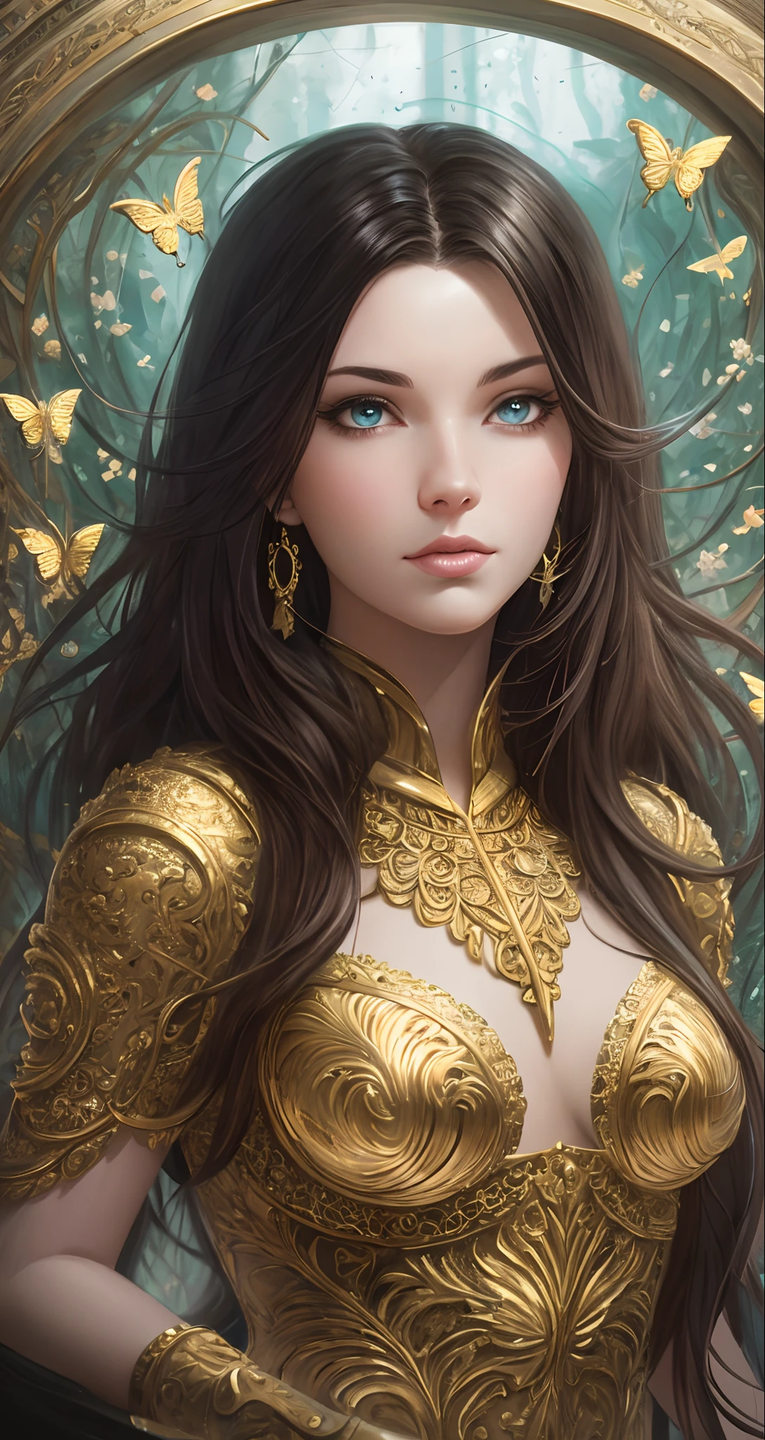 **8k portrait of beautiful cyborg with brown hair, intricate, elegant, highly detailed, majestic, digital photography, art by artgerm and ruan jia and greg rutkowski surreal painting gold butterfly filigree, broken glass, (masterpiece, sidelighting, finely detailed beautiful eyes: 1.2), hdr, (detailed background window to a new dimension, plants and flowers:0.7) infinity, infinite symbol, --auto --s2