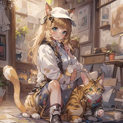 （（awesome backgrounds 1.5））((best quality1.2))、((masterpiece 1.2))、watercolor paiting、((fashionable clothes))、((take a cute cat ...