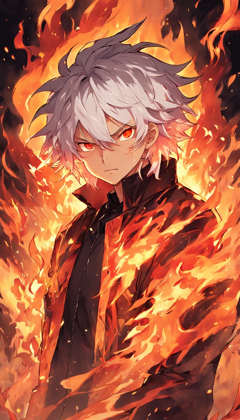 A man with white hair and red eyes standing in front of a fire - SeaArt AI