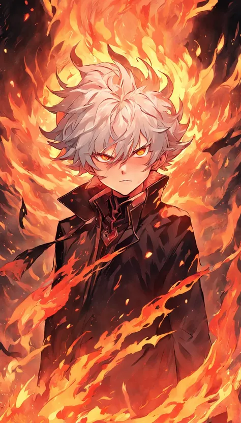 a white-haired, red-eyed man with a head of fire and a black jacket ...