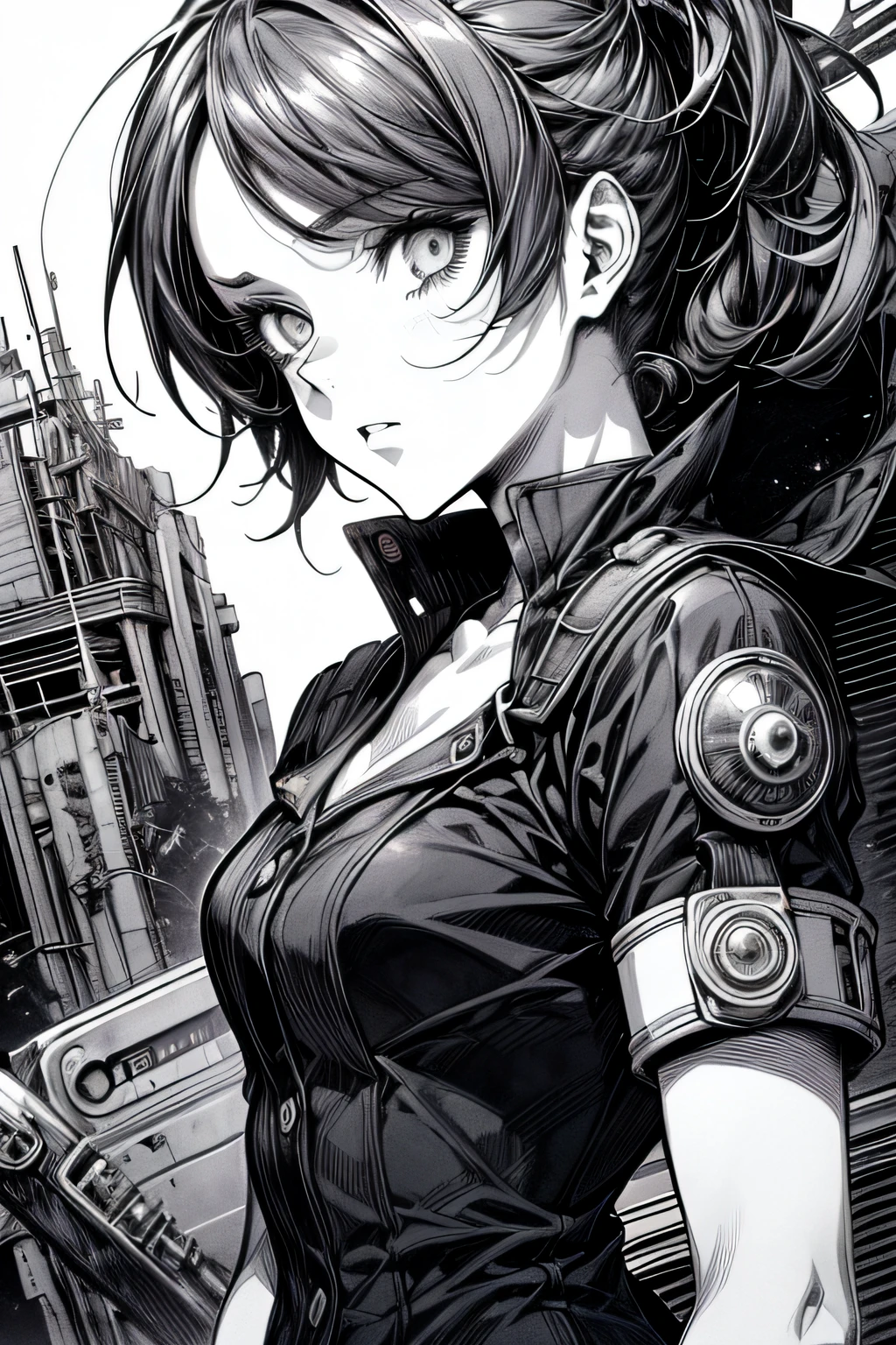 (Comic Noir Style),(linear art_Anime),(black-and-white_High contrast),(masutepiece, Best Quality, ),(Laura Bad Picture:1.2),(Lora Add Details:1.2),8K, Flat color:1.2,1girl in,Chibi,steampunc、machinery background