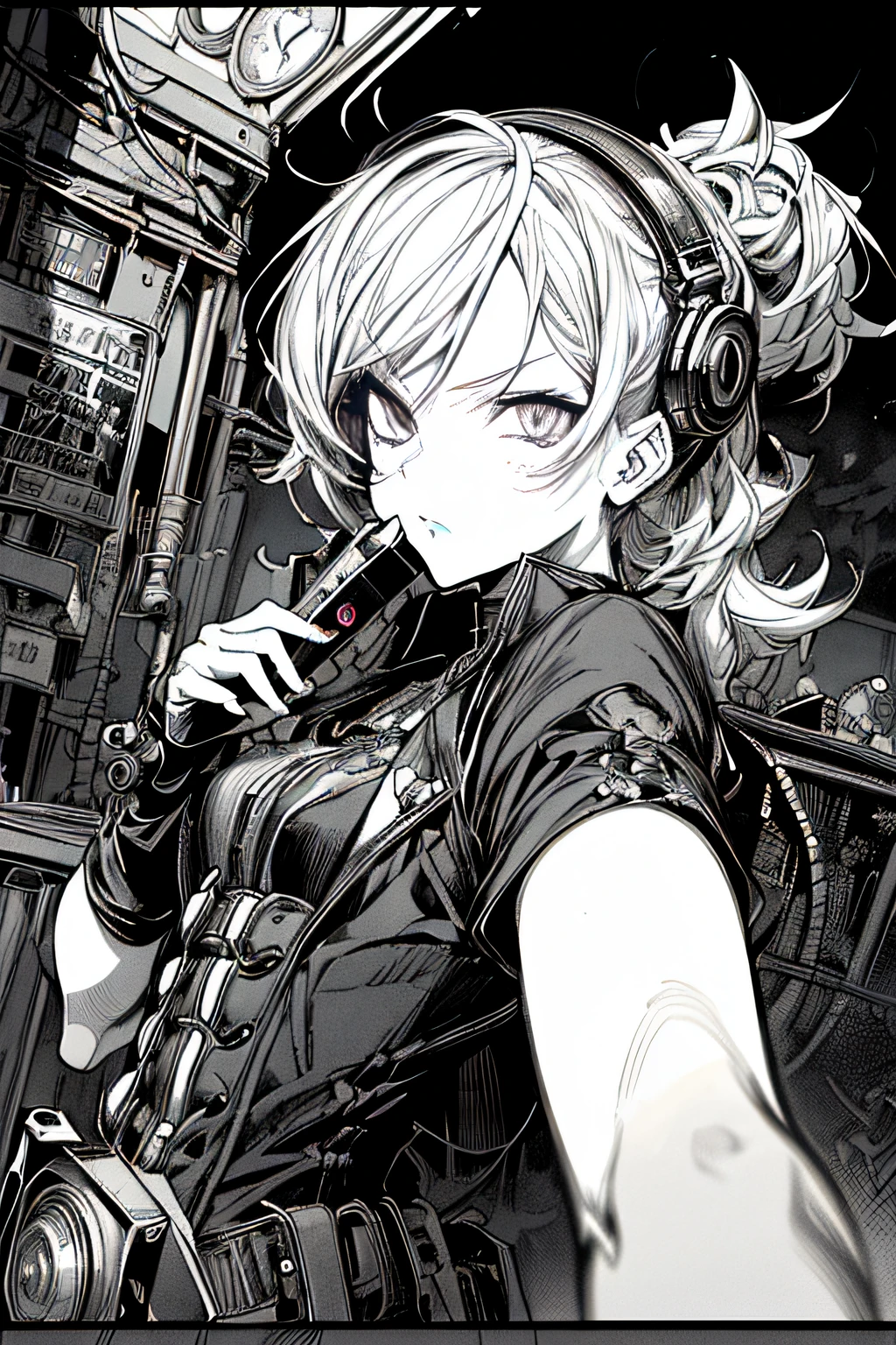 (Comic Noir Style),(linear art_Anime),(black-and-white_High contrast),(masutepiece, Best Quality, ),(Laura Bad Picture:1.2),(Lora Add Details:1.2),8K, Flat color:1.2,1girl in,Chibi,steampunc、machinery background,,(lora:Tangbohu Line Tweaker:1.0)