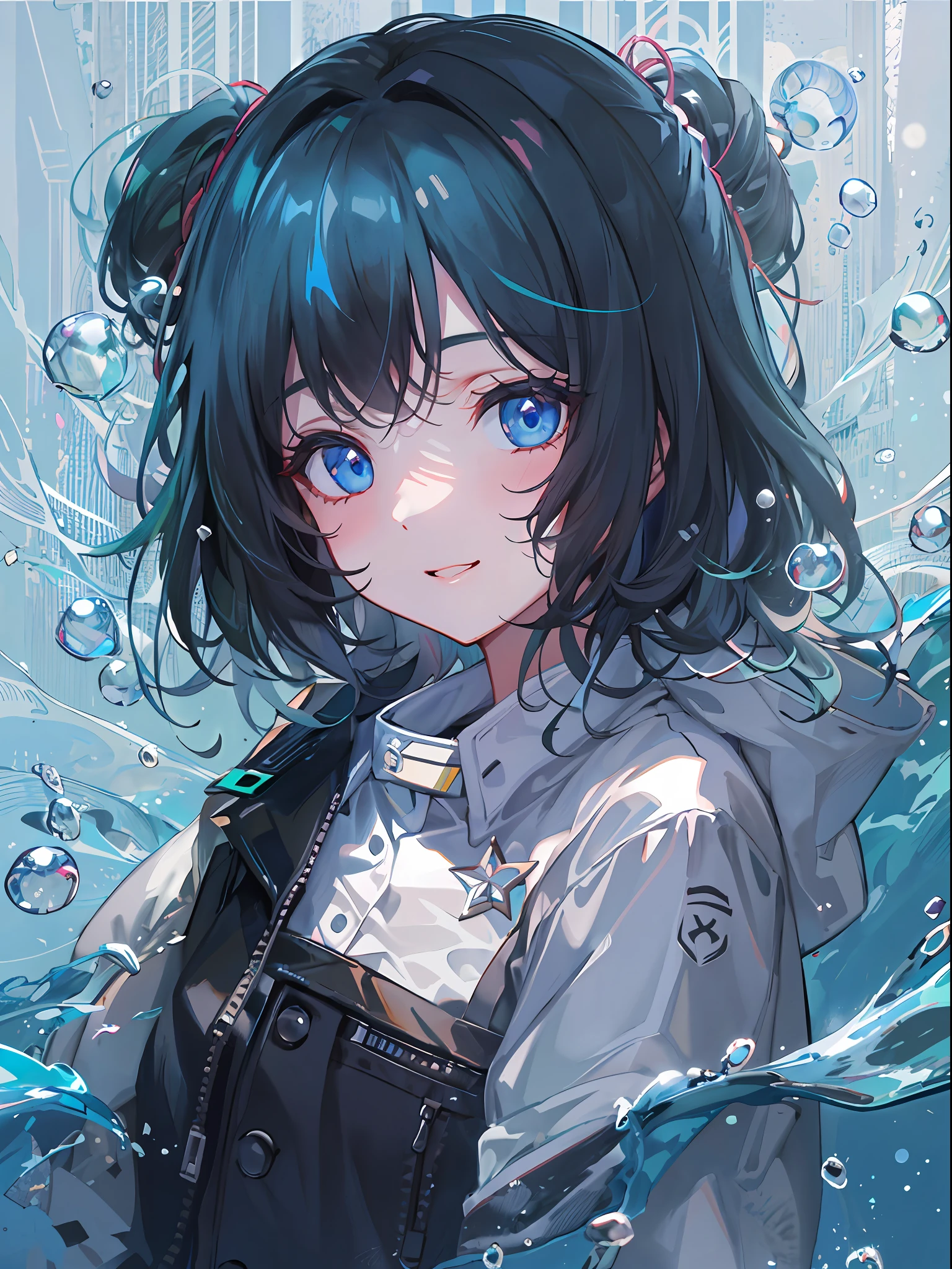 ((top-quality)), ((​masterpiece)), ((Ultra-detail)), (extremely delicate and beautiful), girl with, solo, cold attitude,((Black jacket)),She is very(relax)with  the(Settled down)Looks,A darK-haired, depth of fields,evil smile,Bubble, under the water, Air bubble,bright light blue eyes,Inner color with black hair and light blue tips,Cold background,Bob Hair - Linear Art, shortpants、knee high socks、Camisole inner shirt、White uniform