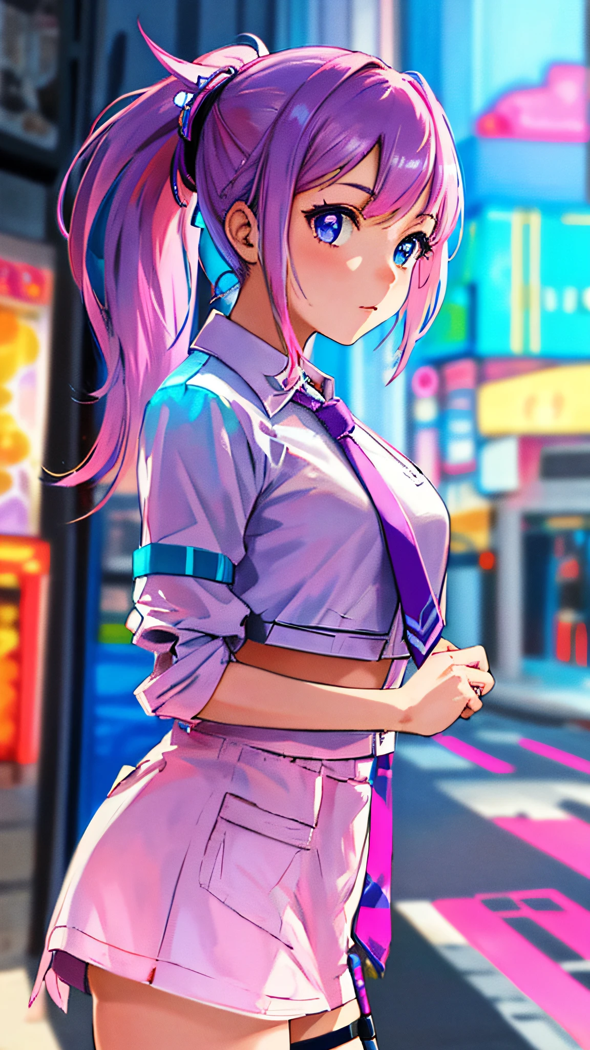 masterpiece, highest quality, realistic, subsurface scattering, chromatic lighting,

colorized, pink + white + purple + blue limited color palette, detailed concept drawing, line-art, illustration,

cyberpunk,
18yo 1girl, medium breasts,
extrovert,
ponytail hair, 
punk outfit,
necktie,
metallic,
America,
mall, 
sunny,
background