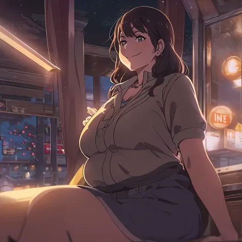 big breasts, thick thighs, mature woman, long dark brown hair, smiling affectionately, in the style of Makoto Shinkai, in a shut down Wendy's at nighttime