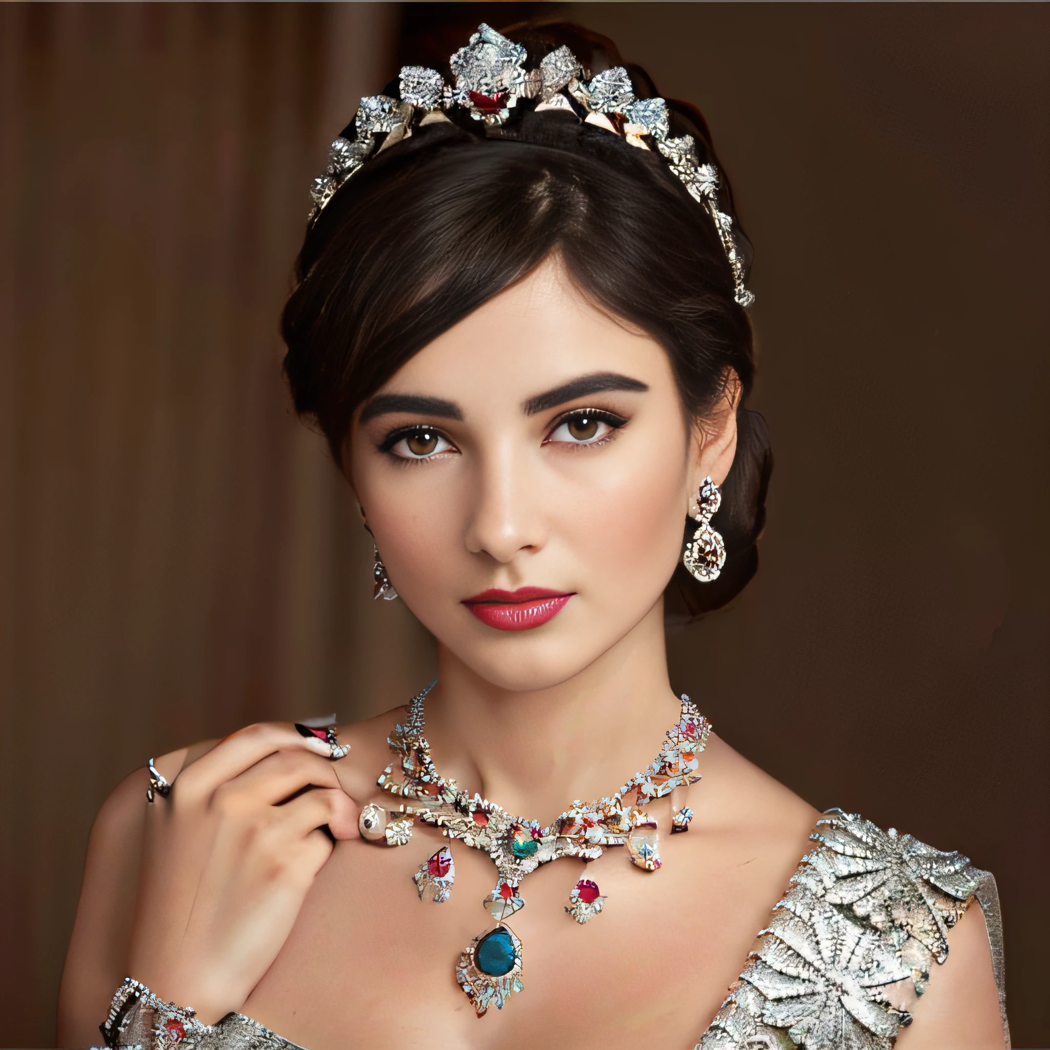 femme arafée avec un collier et un bracelet posant pour une photo, orné de pierres précieuses, photo d&#39;un modèle de bijoux de main, silver very bijoux ornés, bijoux ornés et complexes, porter des bijoux élégants, couvert de bijoux, bijoux ornés, bijoux élaborés, bijoux ornés élaborés, femme splendide, bijoux en argent, très belle femme, avec des bijoux ornés, incrusté de bijoux