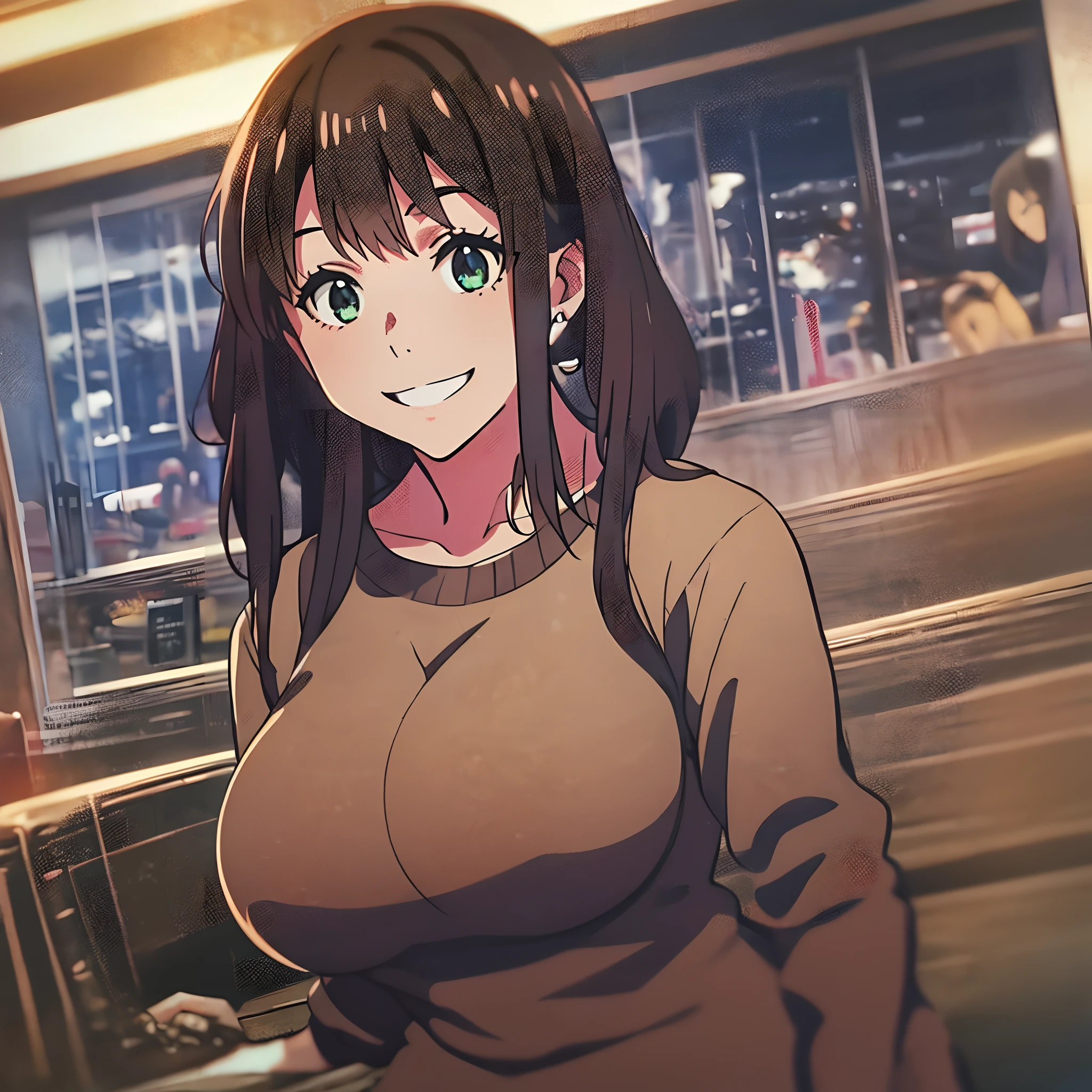 , big breasts, thick thighs, mature woman, long dark brown hair, smiling affectionately, in the style of Makoto Shinkai, in a shut down Wendy's at nighttime