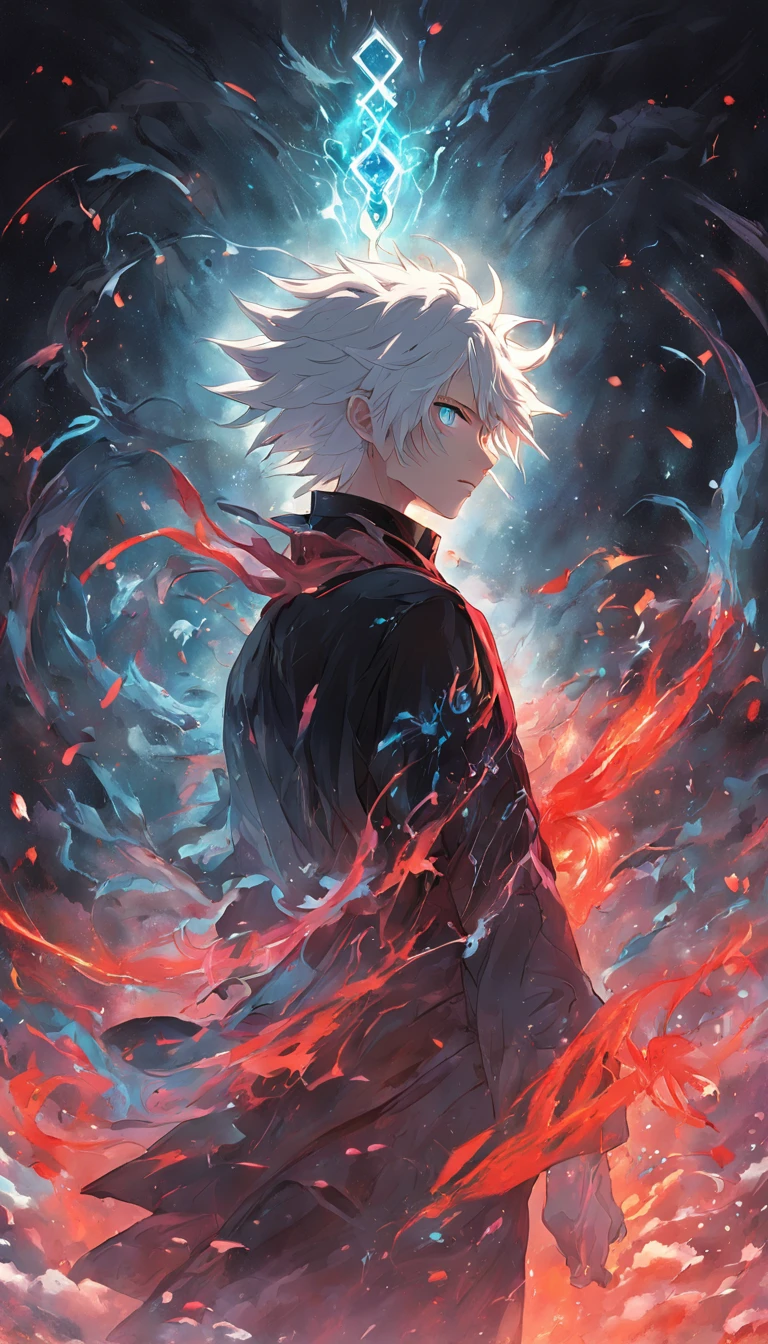 a painting that represents the essence of magic in your world, showing the white-haired, red-eyed protagonist with a mystical black mark on his neck immersed in a cascade of magical energy, with glowing particles dancing around him and arcane symbols forming in the air