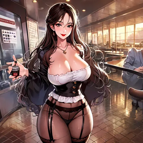 , big breasts, thick thighs, plumb ass, beautiful stockings with garter belts, mature woman, red lipstick, make-up, long dark brown hair, smiling affectionately, in the style of Makoto Shinkai, in a shut down Wendy's at nighttime