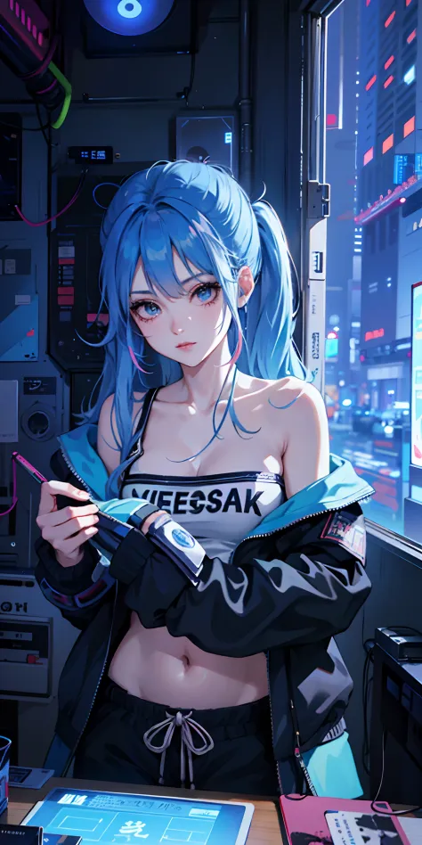 Anime girl with blue hair and black top holding book, style of anime4 K, Digital cyberpunk anime art, cyberpunk anime girl, digitl cyberpunk - anime art, female cyberpunk anime girl, anime cyberpunk art, Anime style. 8K, cyberpunk anime art, cyberpunk anim...
