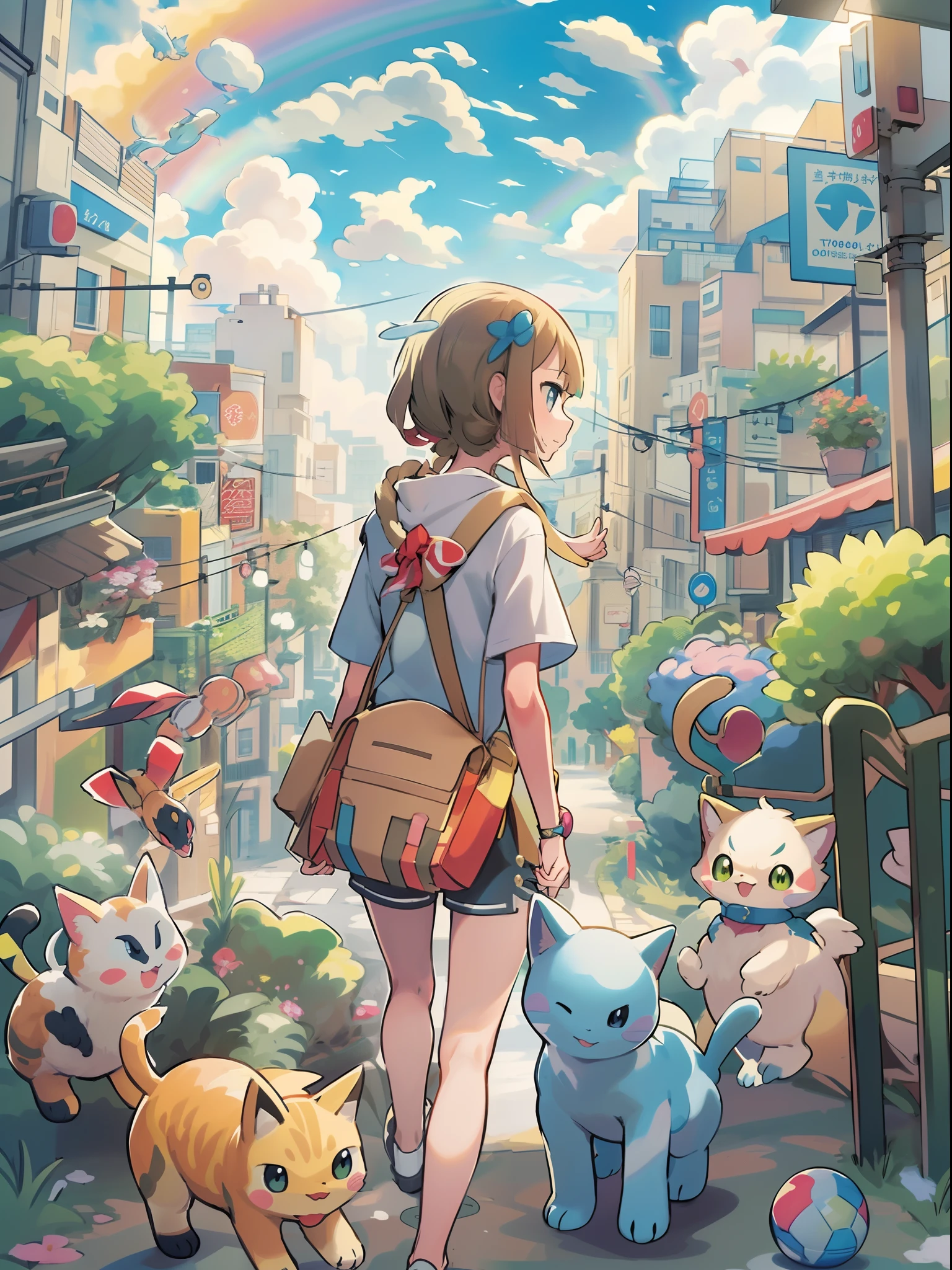 1girl in,A pokémon_The card,(top-quality), (high_quality), (Convoluted_Details), (ultra-detailliert), (illustratio), (Distinct_image),saito_naoki,city scenery、Rainbow view、With cats（（Cute cat１.５））