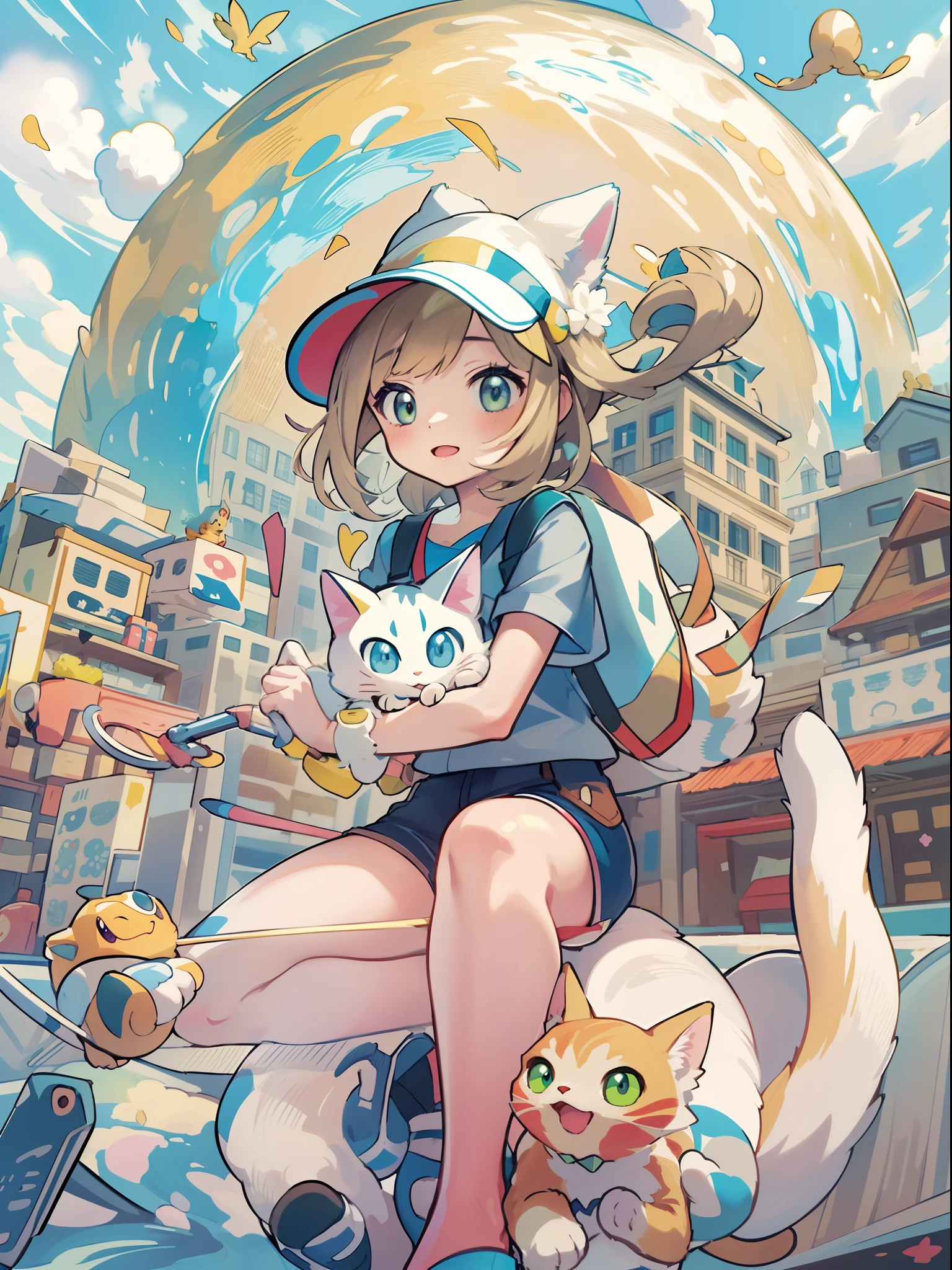 1 chica en,el pokemon_La tarjeta,(top-calidad), (Alto_calidad), (Complejo_detalles), (ultra detallado), (iluminación), (distinto_imagen),saito_Naoki,paisaje de la ciudad、Vista del arco iris、Con gatos（（lindo gato１.５））
