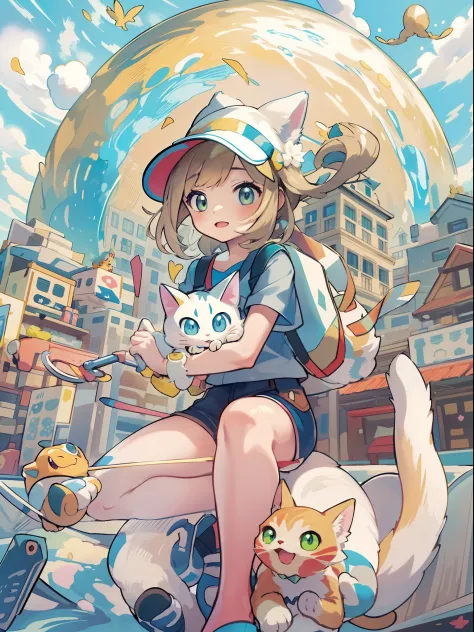 1girl in,A pokémon_The card,(top-quality), (high_quality), (Convoluted_Details), (ultra-detailliert), (illustratio), (Distinct_image),saito_naoki,city scenery、Rainbow view、With cats（（Cute cat１.５））