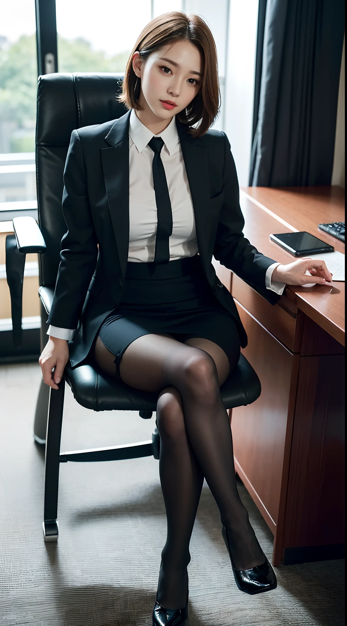 face is :9,1714884241], Classy upper-class elite secretary in business shirt, Sitting in a chair and working in the office、Wearing a strict business suit, (Wearing pantyhose)、(Short Layer Hair)、crossed legs, Wear high-end high heels、 (thighhighs and skirt), Girl in a shirt, Wearing a business suit, Wearing a business suit, in a business suit, businesswoman, business clothes, wearing black business suit, Wear shirts and skirts, Woman in business suit, Business attire, business outfit, Raw photo, (8K、top-quality、​masterpiece:1.2)、(intricate detailes:1.4)、(Photorealsitic:1.4)、octane renderings、Complex 3D rendering ultra detail, Studio Soft Light, Rim Lights, vibrant detail, super detailing, realistic skin textures, Detail Face, Beautiful detail eyes, Very detailed CG Unity 16k wallpaper, make - up, (detailedbackground:1.2), Exposed thighs!!!,