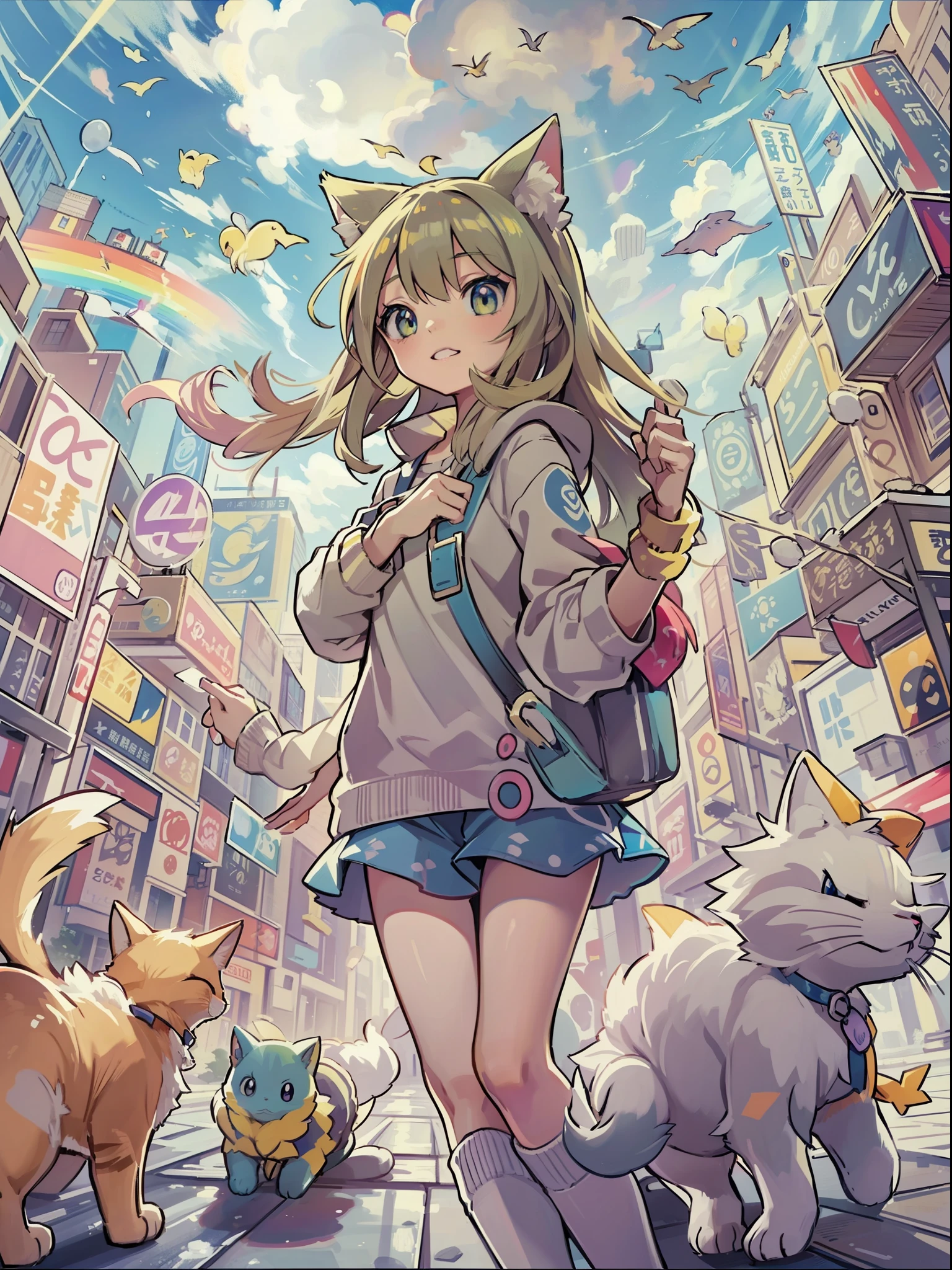 1girl in,A pokémon_The card,(top-quality), (high_quality), (Convoluted_Details), (ultra-detailliert), (illustratio), (Distinct_image),saito_naoki,city scenery、Rainbow View、With cats（（Cute cat１.５））