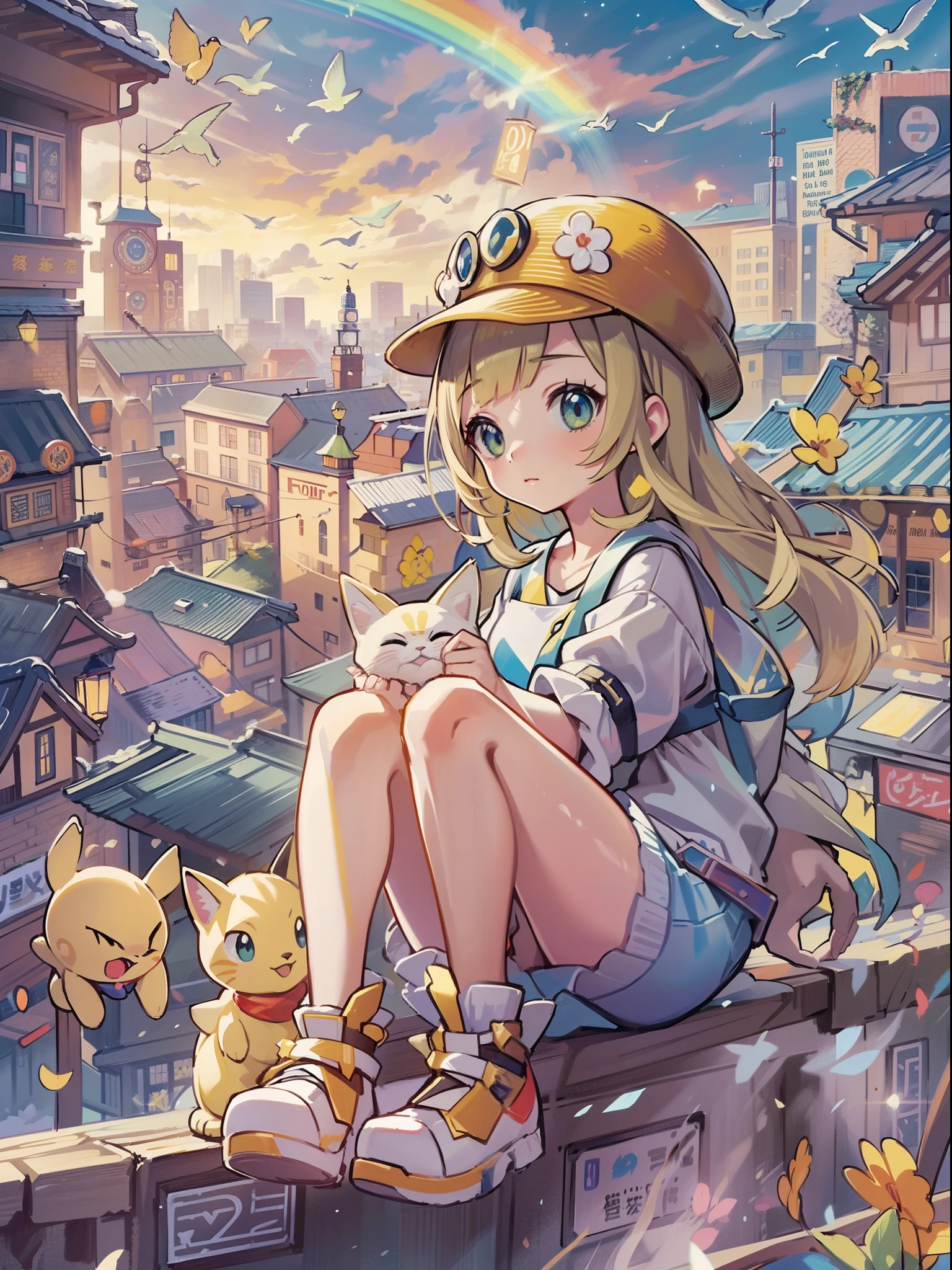 1girl in,A pokémon_The card,(top-quality), (high_quality), (Convoluted_Details), (ultra-detailliert), (illustratio), (Distinct_image),saito_naoki,city scenery、Rainbow View、With cats（（Cute cat１.５））