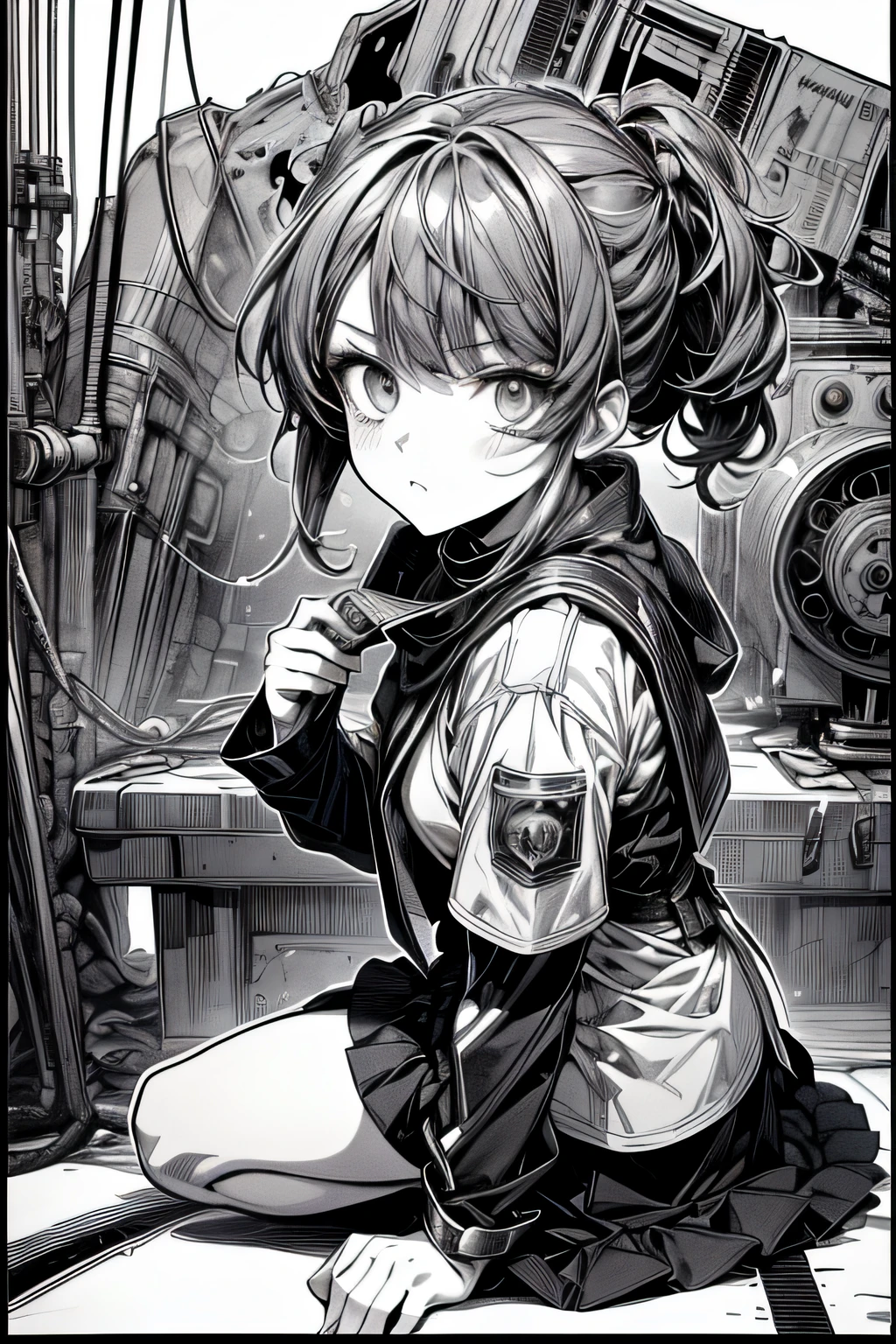 (Comic Noir Style),(linear art_Anime),(black-and-white_High contrast),(masutepiece, Best Quality, ),(Laura Bad Picture:1.2),(Lora Add Details:1.2),8K, Flat color:1.2,1girl in,Chibi,steampunc、machinery background