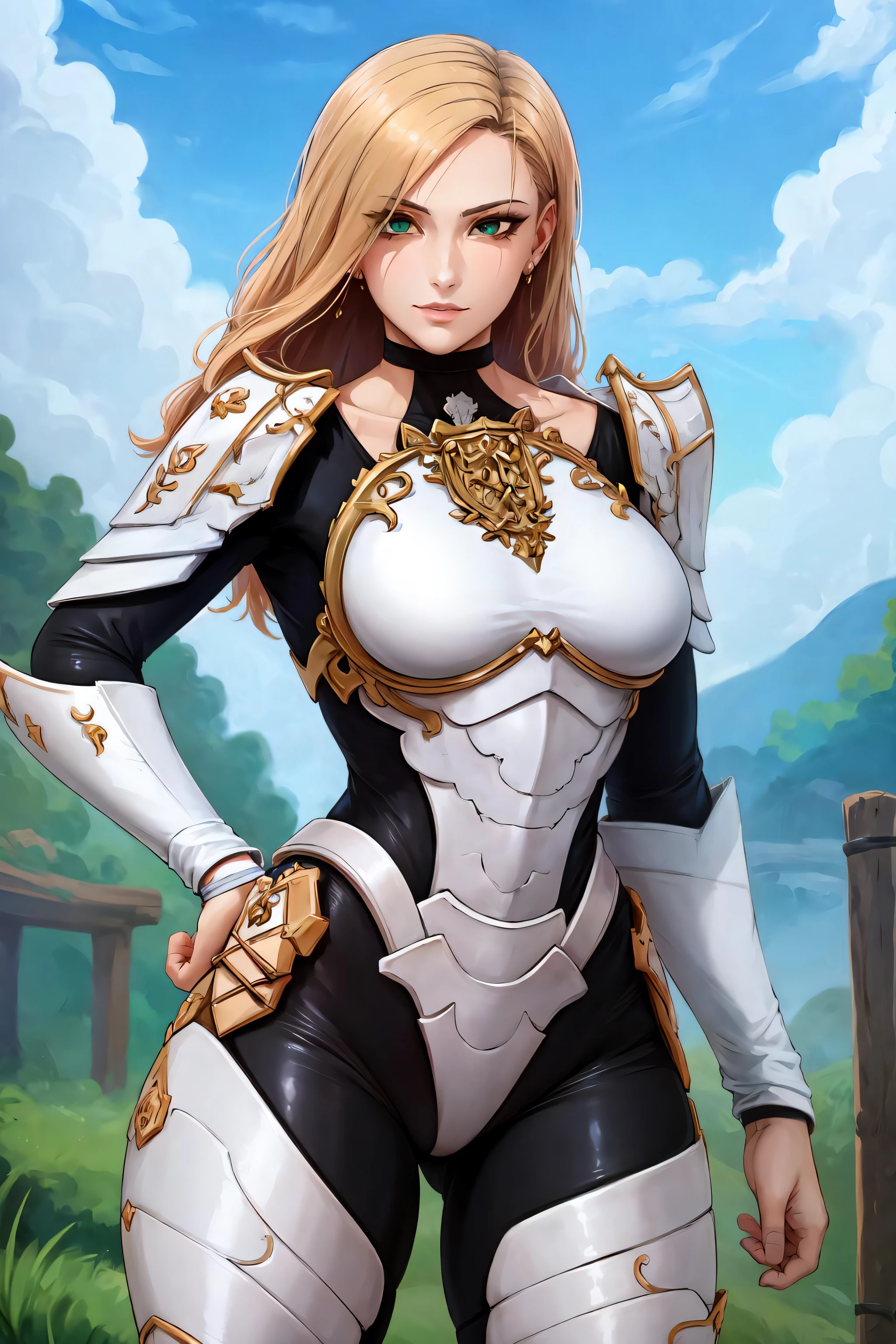 (masterpiece:1.2), (best quality:1.2), perfect eyes, perfect face, perfect lighting, 1girl, kisara in_black_tightsuit_under_the_shiny_(white_body_armor:1), big breasts, very wide hips, long blond hair, green eyes, fantasy, detailed outdoor background