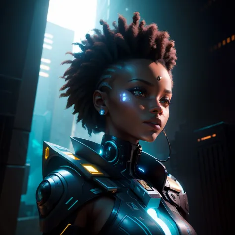 African Futuristic Goddess. Composition: Dynamic Composition, 
Lighting: Backlighting, 
Subject: Main Focal Point, 
Mood/Emotion: Excitement
, Cyberpunk Aesthetics