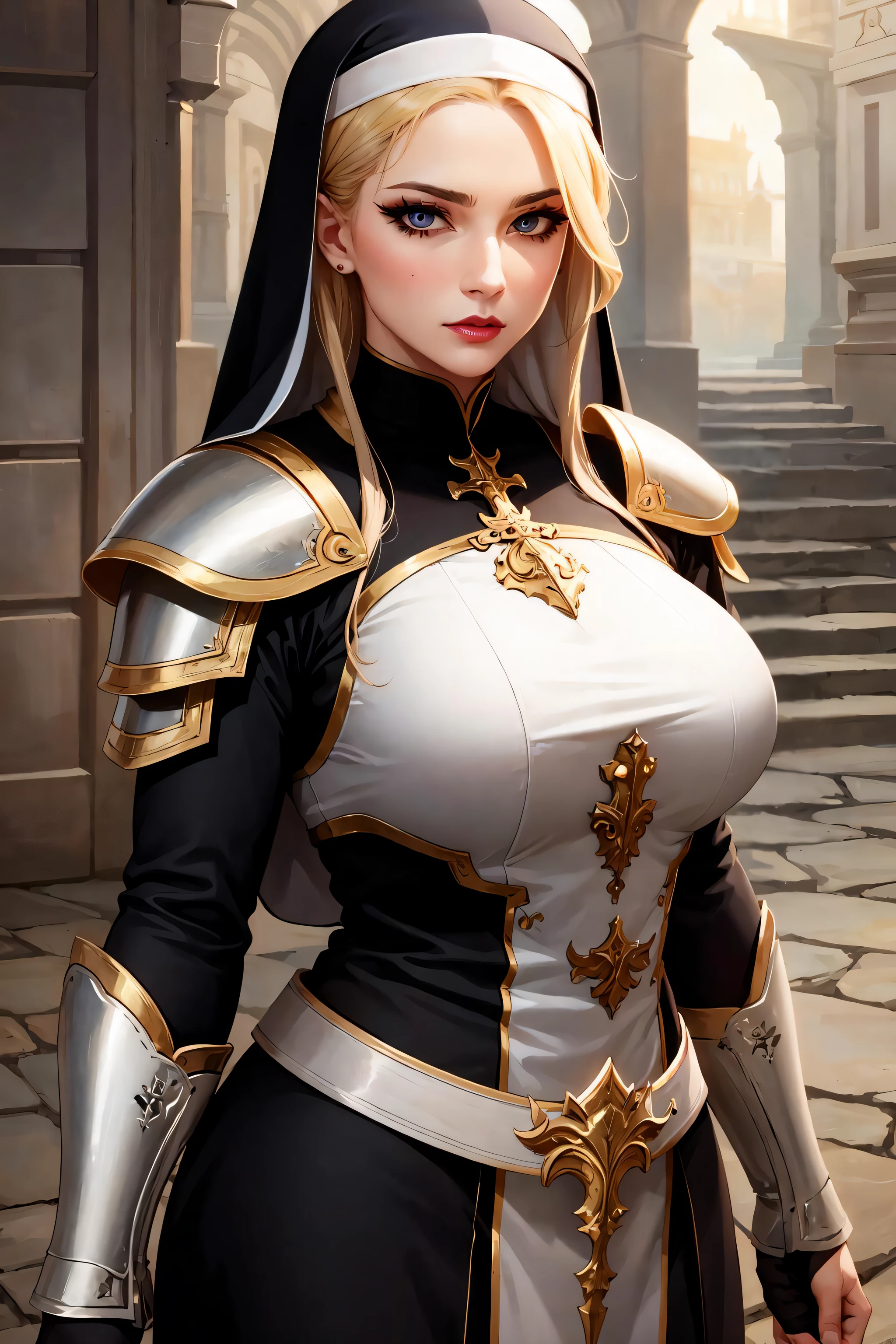 (masterpiece:1.2), (best quality:1.2), perfect eyes, perfect face, volumetric lighting, 1girl, mature female warrior nun, MILF, armor, robe, blonde hair, pauldron, sword, belt, stern expression, fantasy, outdoor, detailed background, makeup, lipstick, eyeshadow, mascara, thick eyelashes