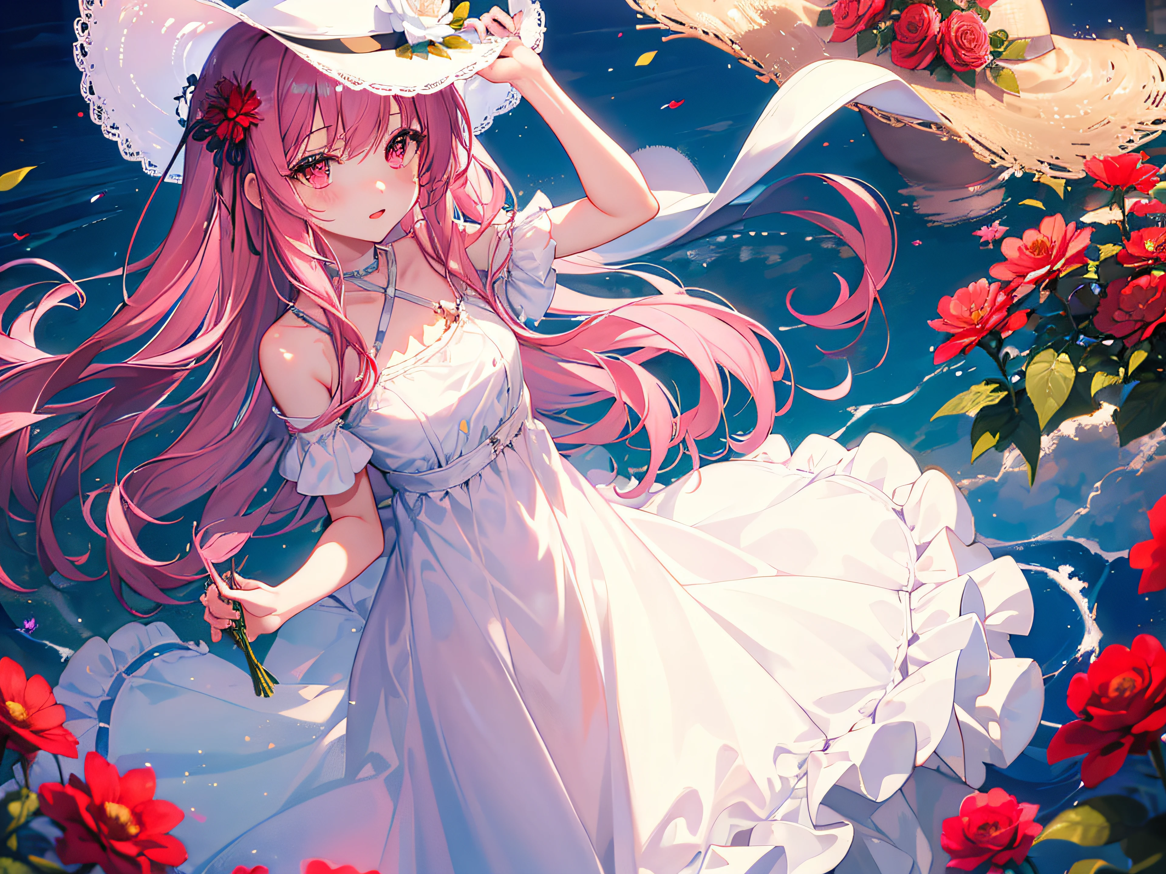 ((masterpiece, best quality)), 1girl, flower, solo, dress, holding, sky, cloud, hat, outdoors, bangs, bouquet, rose, expressionless, blush, pink hair, flower field, red flower, pink eyes, white dress, looking at viewer, midium hair, holding flower, small breasts, red rose, holding bouquet, sun hat, white headwear, depth of field,