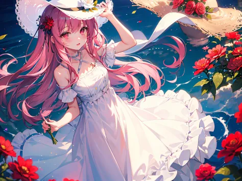 ((masterpiece, best quality)), 1girl, flower, solo, dress, holding, sky, cloud, hat, outdoors, bangs, bouquet, rose, expressionl...