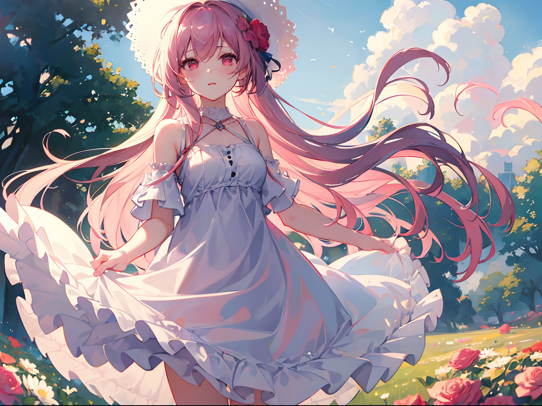 ((masterpiece, best quality)), 1girl, flower, solo, dress, holding, sky, cloud, hat, outdoors, bangs, bouquet, rose, expressionless, blush, pink hair, flower field, red flower, pink eyes, white dress, looking at viewer, midium hair, holding flower, small breasts, red rose, holding bouquet, sun hat, white headwear, depth of field,