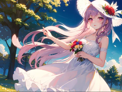 ((masterpiece, best quality)), 1girl, flower, solo, dress, holding, sky, cloud, hat, outdoors, bangs, bouquet, rose, expressionl...