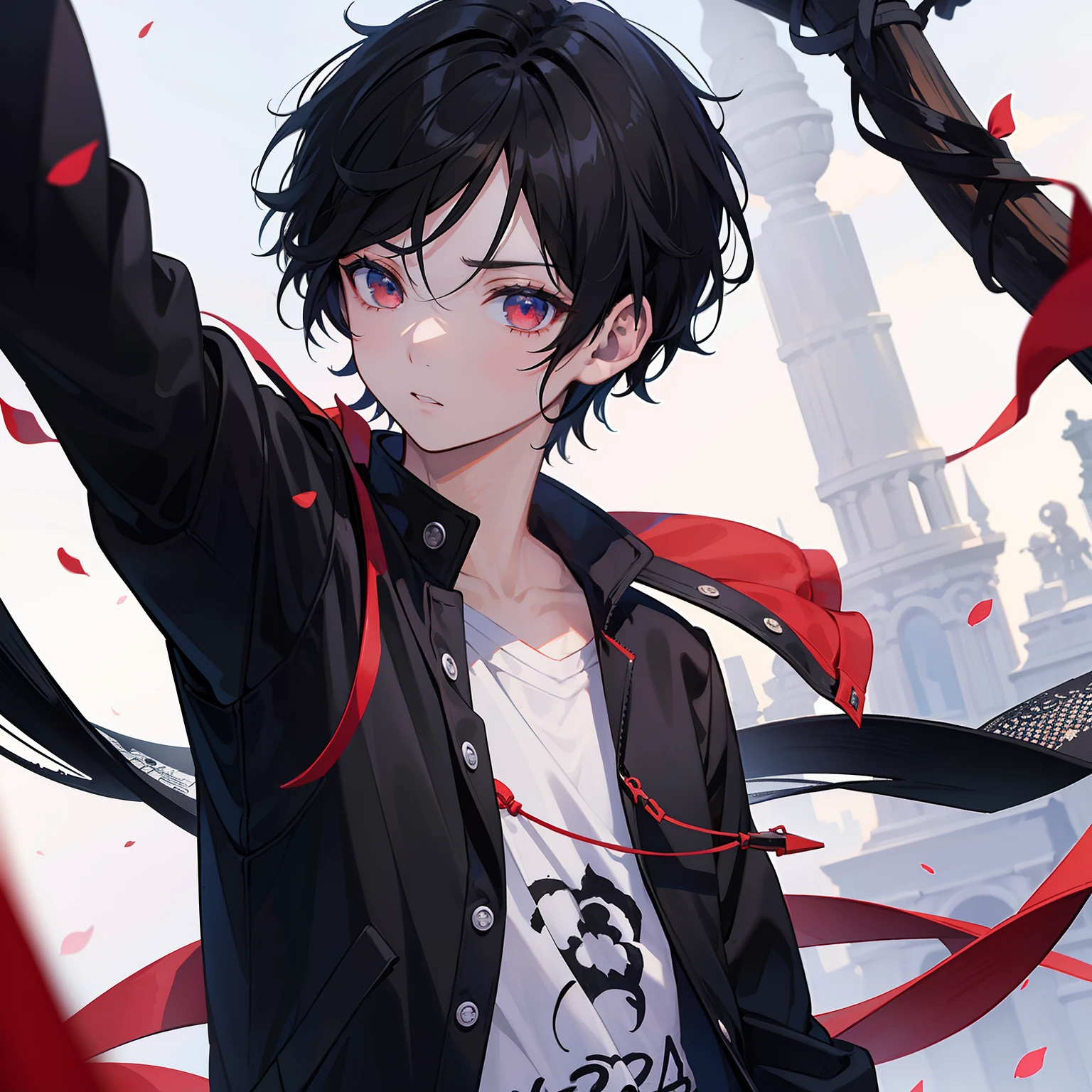 Anime boy with black hair and red eyes holding a sword - SeaArt AI