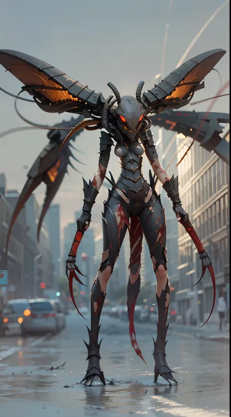 Invading aliens，Invasive insects，mkscorpion，A lot of hair is long，uncanny，blood vess，，Murderous，Full body like，combats，The city was destroyed，of a real，Facial features are carefully depicted，Realistic skin texture，Dark style，depth of fields，high light，Real...