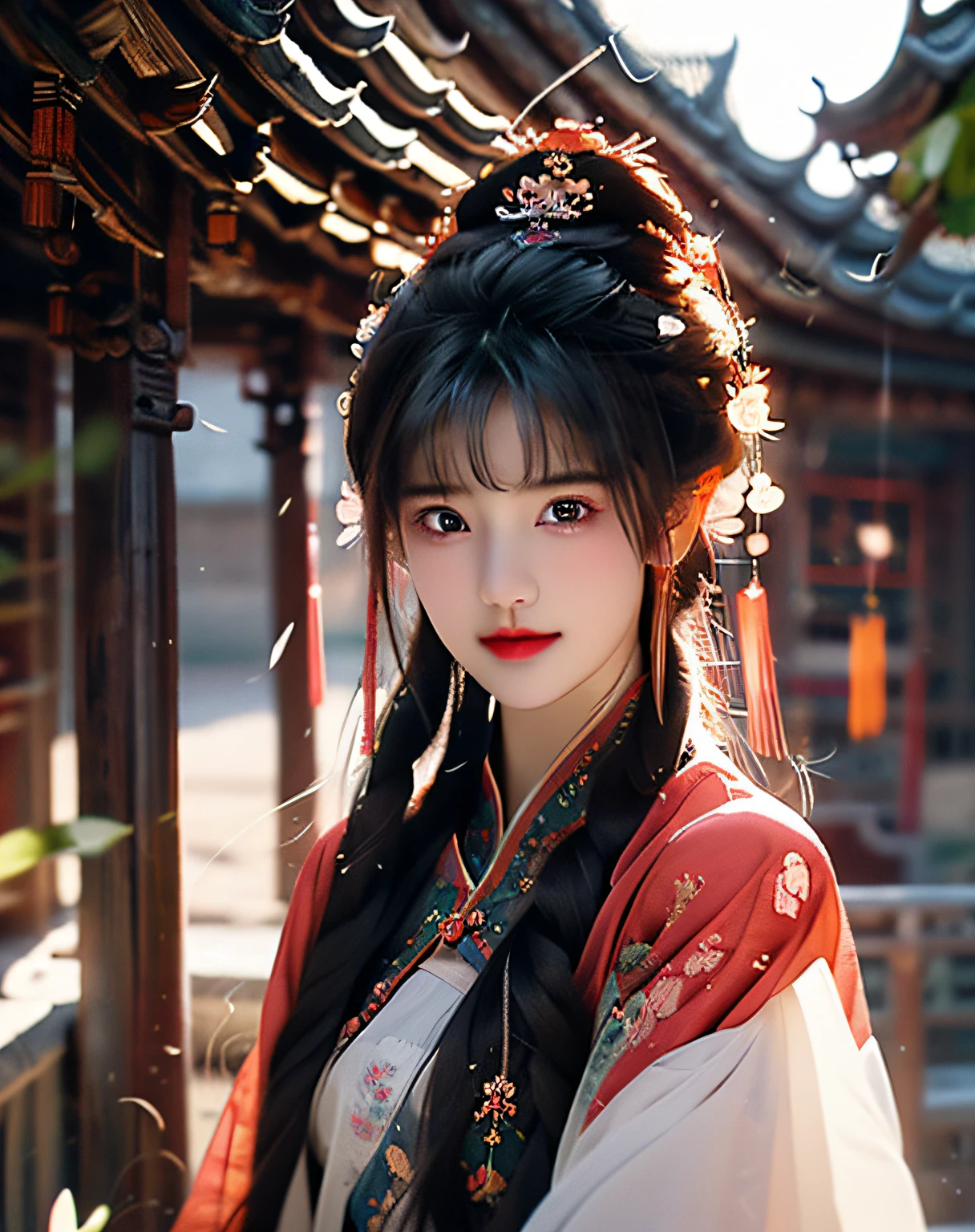 (8k, RAW photo:1.2), best quality, ultra high res,dramatic angle,(fluttered detailed color splashs), (illustration),(((1 girl))),(long hair),(rain:0.9), (Headdress:1.4),There is an ancient palace beside the girl,Hanfu,(Key Points),Color ink painting,(Splash of Color),Splash of Color,(((colorful))),(sketch:0.8) , Masterpiece, best quality, beautiful painted, highly detailed,(denoising:0.6),[splash ink],((ink refraction)), (beautiful detailed sky),moon,highly,detaild,(masterpiece, best quality, extremely detailed） CG Unity 8k Wallpaper，masterpiece，best quality，Ultra Detailed），（Lycoris），