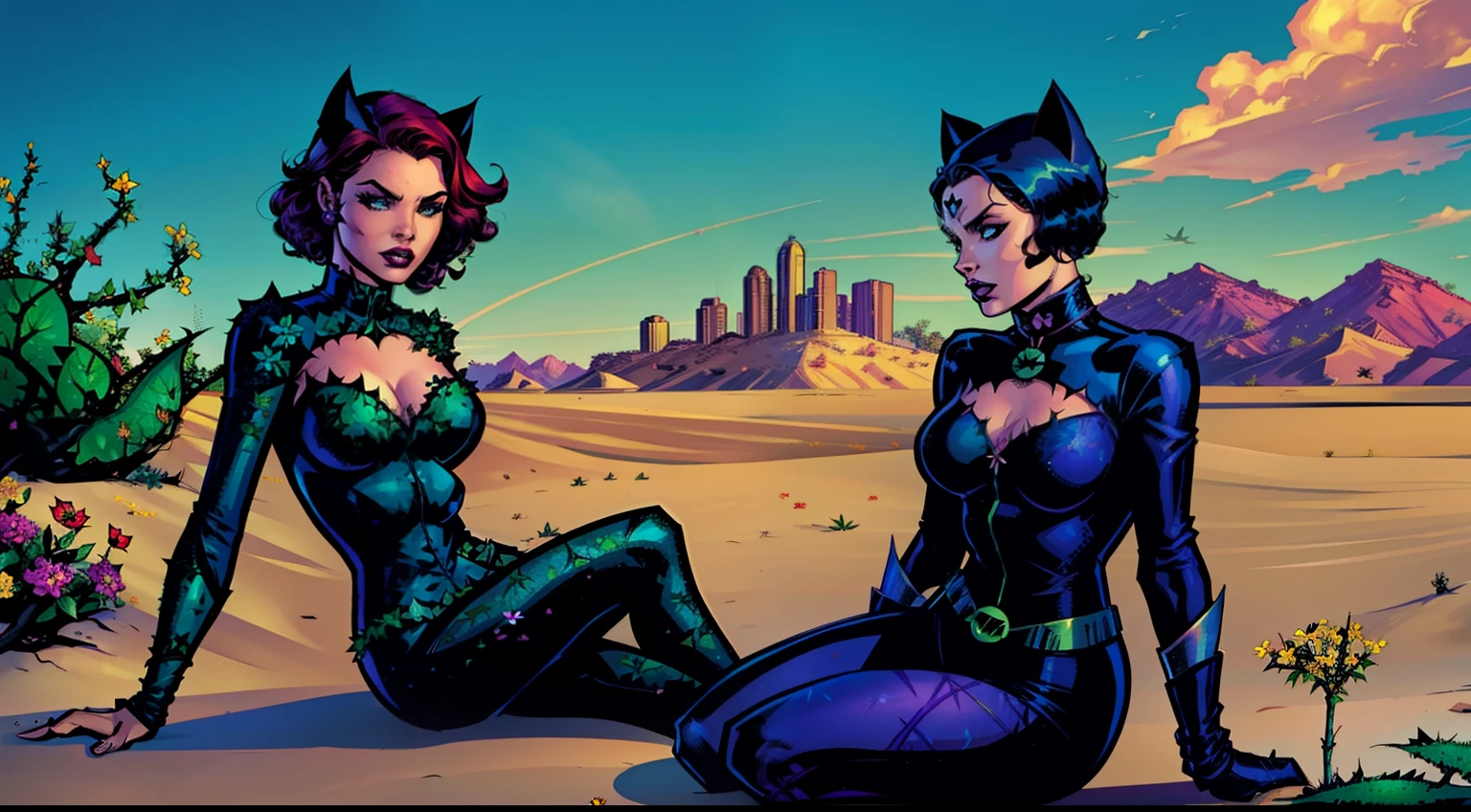 Dos mujeres disfrazadas de catwoman sentadas en un desierto - SeaArt AI