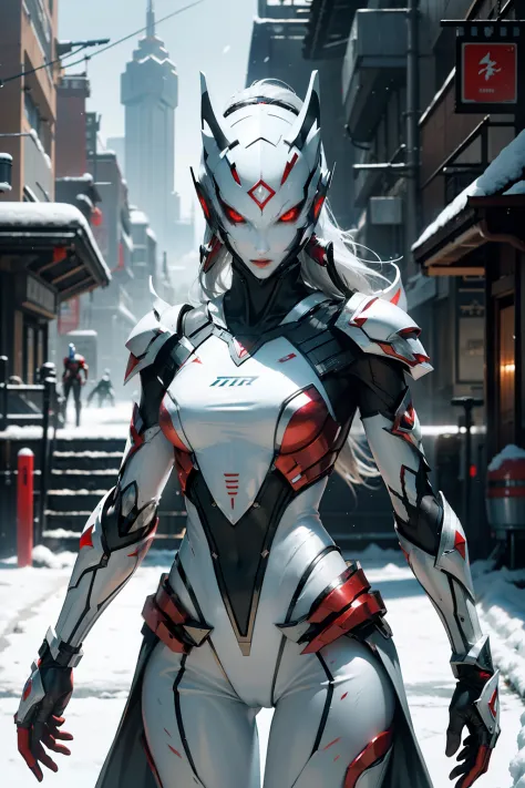 ​masterpiece、top-quality、hight resolution、cyberpunked、Real with creativity、White and red metal body、Slender woman、Beast Woman、Ultraman、snow-white body、(Stance:1.1)、Biomechanics、 Megacities of the future、Dramatic Lighting、Beam rifle in hand、