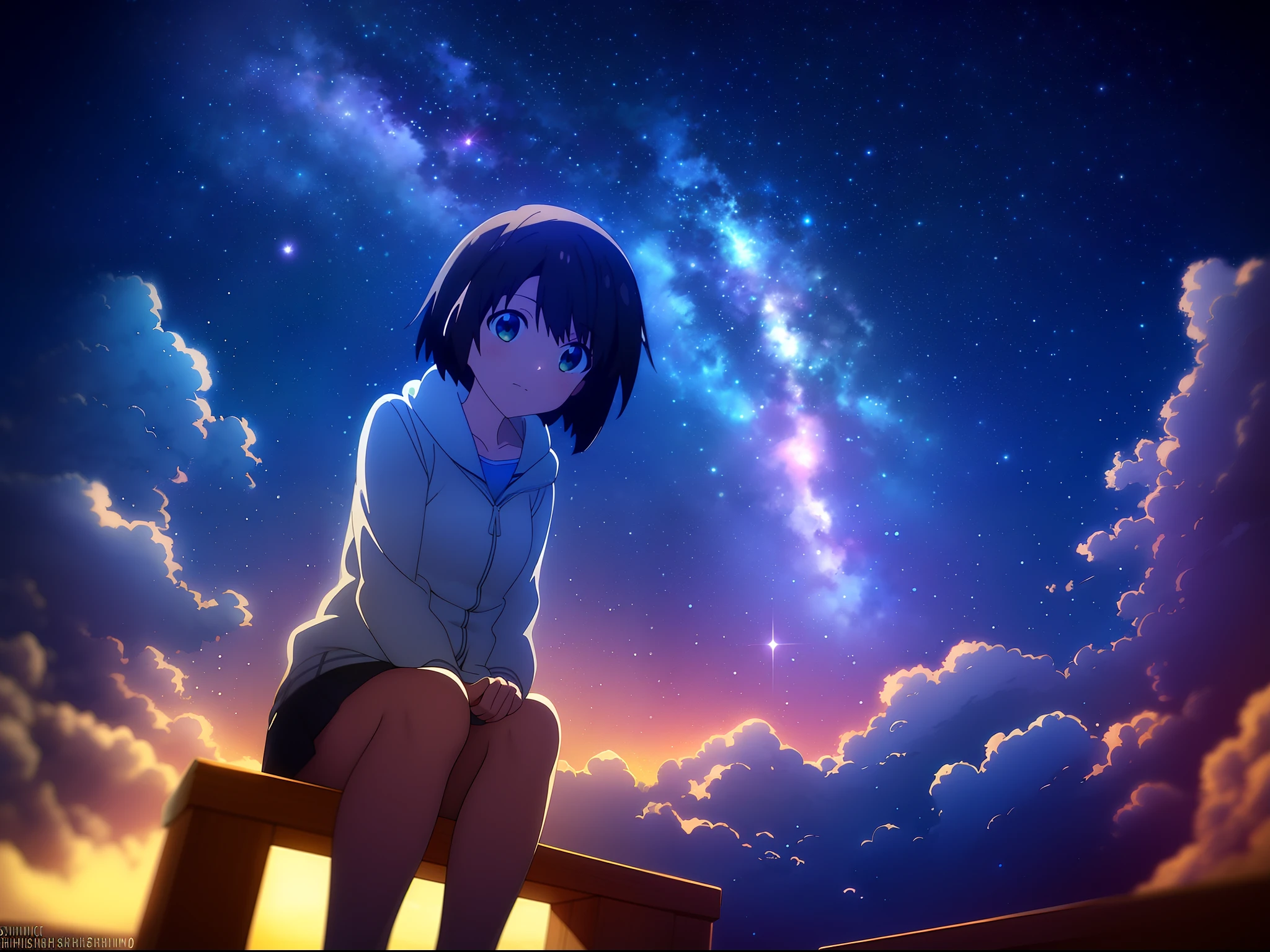 Starry night sky with girl sitting on shelf looking at stars, girl looks at the space, cosmic sky. by makoto shinkai, inspired by Yuumei, makoto shinkai cyril rolando, looking out into space, sitting on the cosmic cloudscape, near a galaxy, during a meteor storm, Anime style mixed with Fujifilm, girl in space