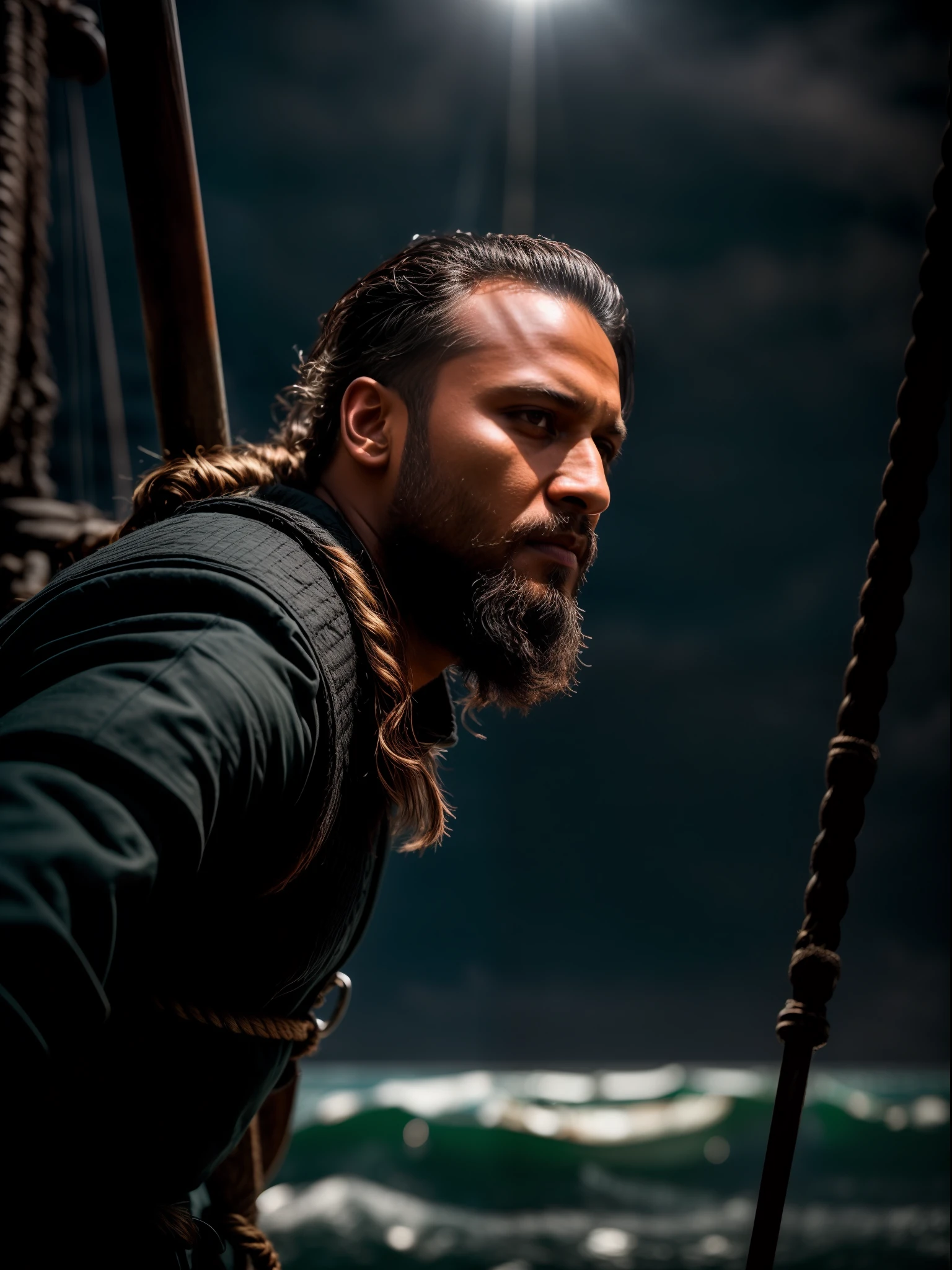 Realistic 8k image of Shakib al hasan as Ragnar Lothbrok (with black hair) onboard a viking longship, ((low angle hero shot)), (Upper body closeup), show Shakib as  Ragnar navigating treacherous waters, Shakib al hasan as Ragnar is navigating his crew, show Shakib al hasan commanding the ship crew, this scene will be dark and scary, highlighting Shakib al hasan sailing on treacherous waters, dark tones with moonlit seas, dark and intimidating atmosphere like Viking series colour tone, ((sharp focus on portrait)), (balanced composition), high quality and realistic image, cinematic style, ((Best quality, 8k, Masterpiece), rough face, detailed skin, masterpiece, professional photography, (high detail:1 1), natural skin, (detailed face and eyes), (face: 1 2), noise, real photo, film photography, high resolution, 8k, realistic, 8k UHD, SLR camera, high quality, film grain, (Fujifilm X-T20, Fujifilm Fujinon XF 50mm f/2 R WR lens, Lens focal Length 50mm, Shutter speed 1/300 sec, APERTURE: 2, ISO: 80), volumetric lighting, dark background, dark fantasy, highly detailed, sharp focus, shallow depth of field, bokeh, blurry background, high contrast, contrast lighting, (dim colours), exposure blend, (dusty:1.3)