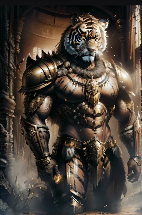 Tiger warrior in armor, Burly body, Show tiger face, Tiger face，No mask, No helmet, Rough armor, Tiger Beast, Wearing tiger armor, heavy gold armour. Dramatic, Anthropomorphic tigers, awesome armor, intricate armor, Very strong clothing armor, Tiger warrio...