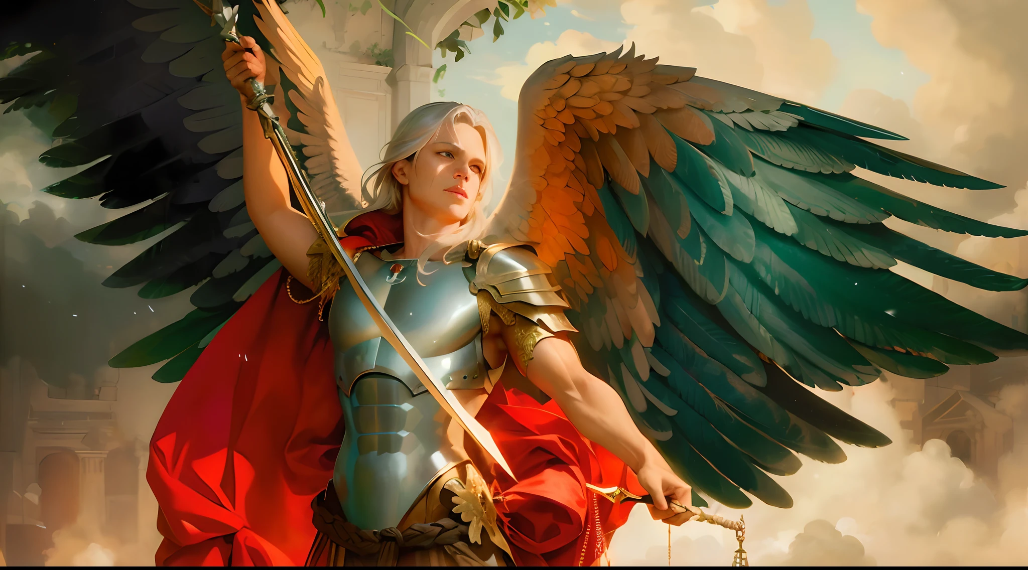 There is a statue of an angel with a sword and shield, arcanjo, Graphic artist Magali Villeneuve, Arcanjo Miguel, Artgerm Julie Bell Beeple, Magali Villeneuve», Arqueiro alado, Artgerm e Craig Mullins, Magic : A Arte do Encontro, Directed by: Anton Fadeev, saint michael the angel, Artgerm Craig Mullins