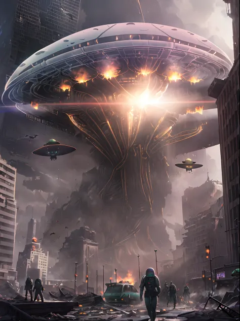 A huge UFO hits a big city, (Destroy the city with rays of light:1.5) , (1 Giant UFO:2) ,Destroy all skyscrapers, Iconic statue ...