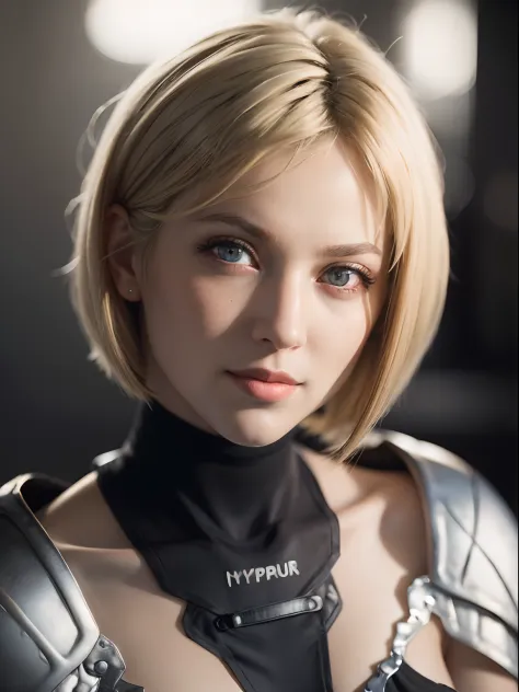 (masterpiece, best quality:1.4), (close up:1), (upper body:1.4), clare, grey eyes, armor, bodysuit, blonde hair , sexy smile, 1g...