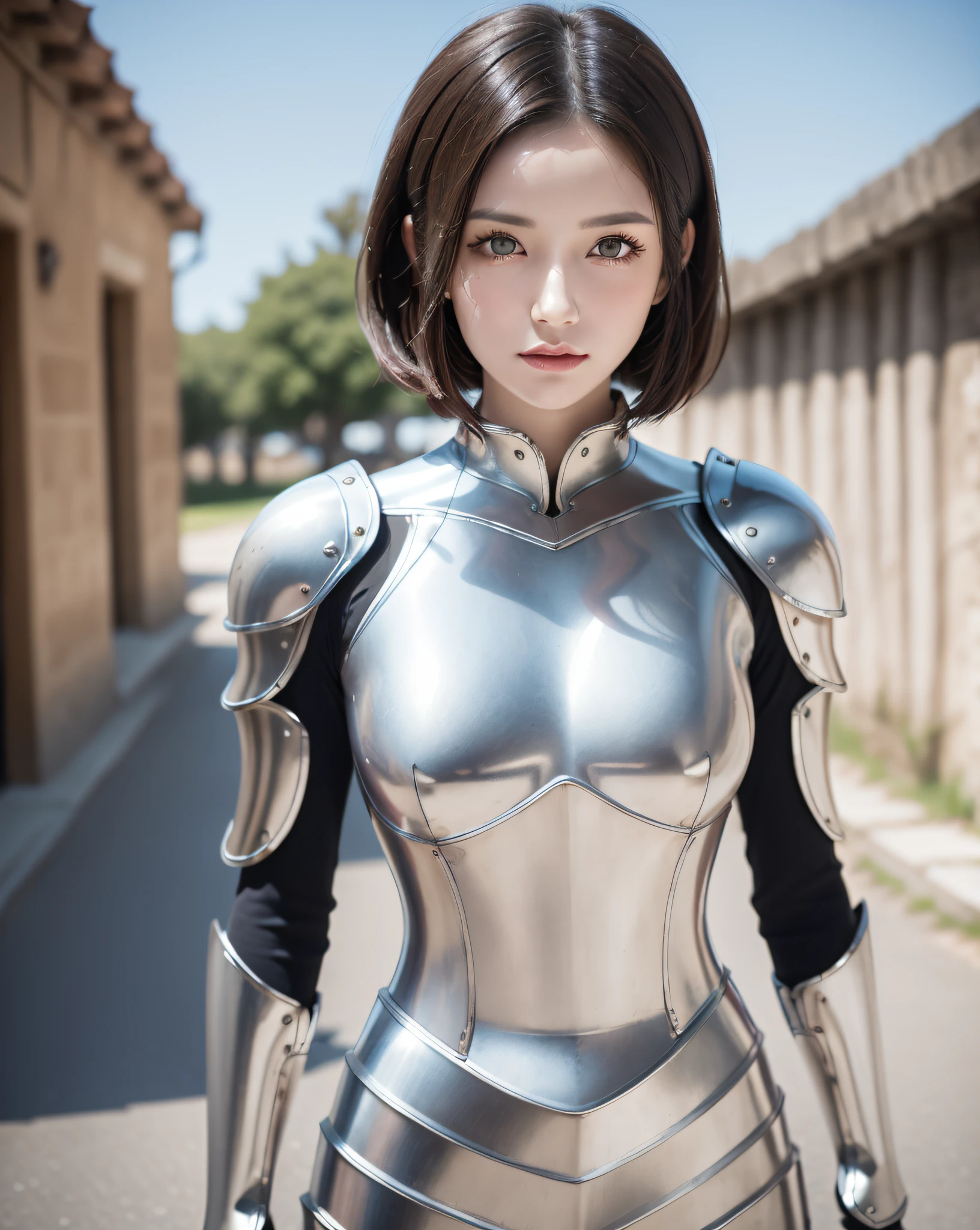 (masterpiece, best quality),(extremely intricate:1.3), (realistic), 1girl, milf, caucasian, green eyes, perfect eyes, perfect iris, perfect pupils, perfect lips,perfect nose, perfect hands, very detailed hands, perfect fingers, black hair, short hair, straight hair, small braid in her hair, (medieval armor), metal reflections, (((silver armor))), outdoors, far away castle, (ornately decorated armor), (insanely detailed, bloom:1.5), chainmail, intense sunlight, professional photograph of a stunning woman detailed, sharp focus, award winning, cinematic lighting, blurry background, upper body, ((confident)), (Pose:looking at the camera),mecha