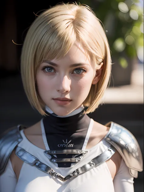 (masterpiece, best quality:1.4), (standing:1), (full body:1.4), clare, grey eyes, armor, bodysuit, blonde hair , sexy smile, 1gi...