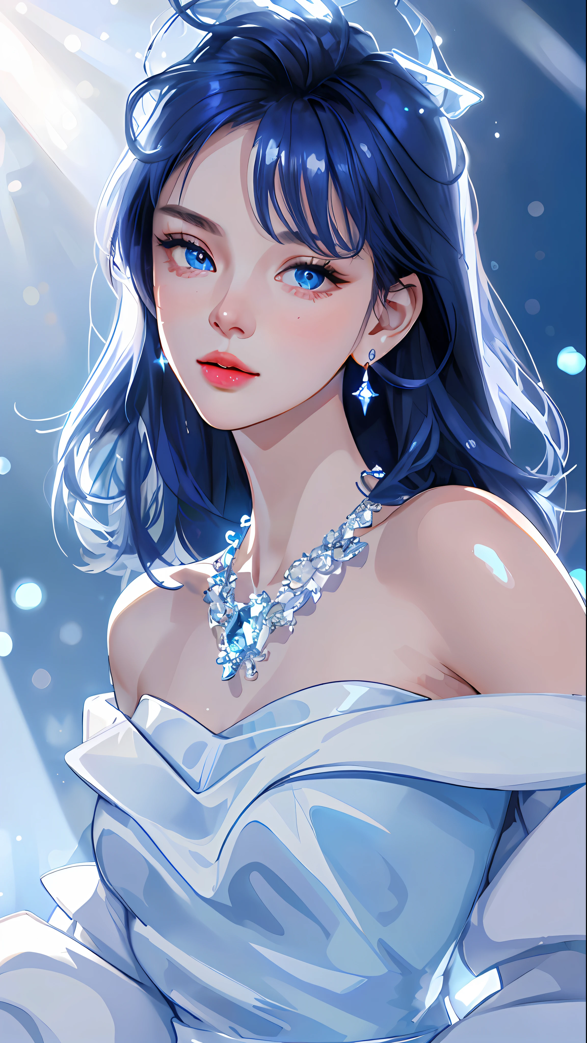 masterpiece, best quality, illustration, sax blue, platinum earrings, platinum necklace, white dress, 1girl, cute, (dynamic lighting:1.2), cinematic lighting, delicate facial features, detailed eyes, sharp pupils, realistic pupils, depth of field, bokeh, sharp focus, (hyper-detailed, bloom, glow:1.4), many small gems