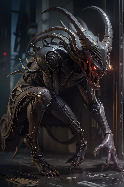 Invading alien xenomorphs，Wolf-faced zombies，A lot of hair is long，Long horn，uncanny，blood vess，，Murderous，Full body like，combats，The city was destroyed，of a real，Facial features are carefully depicted，Realistic skin texture，Dark style，depth of fields，high...